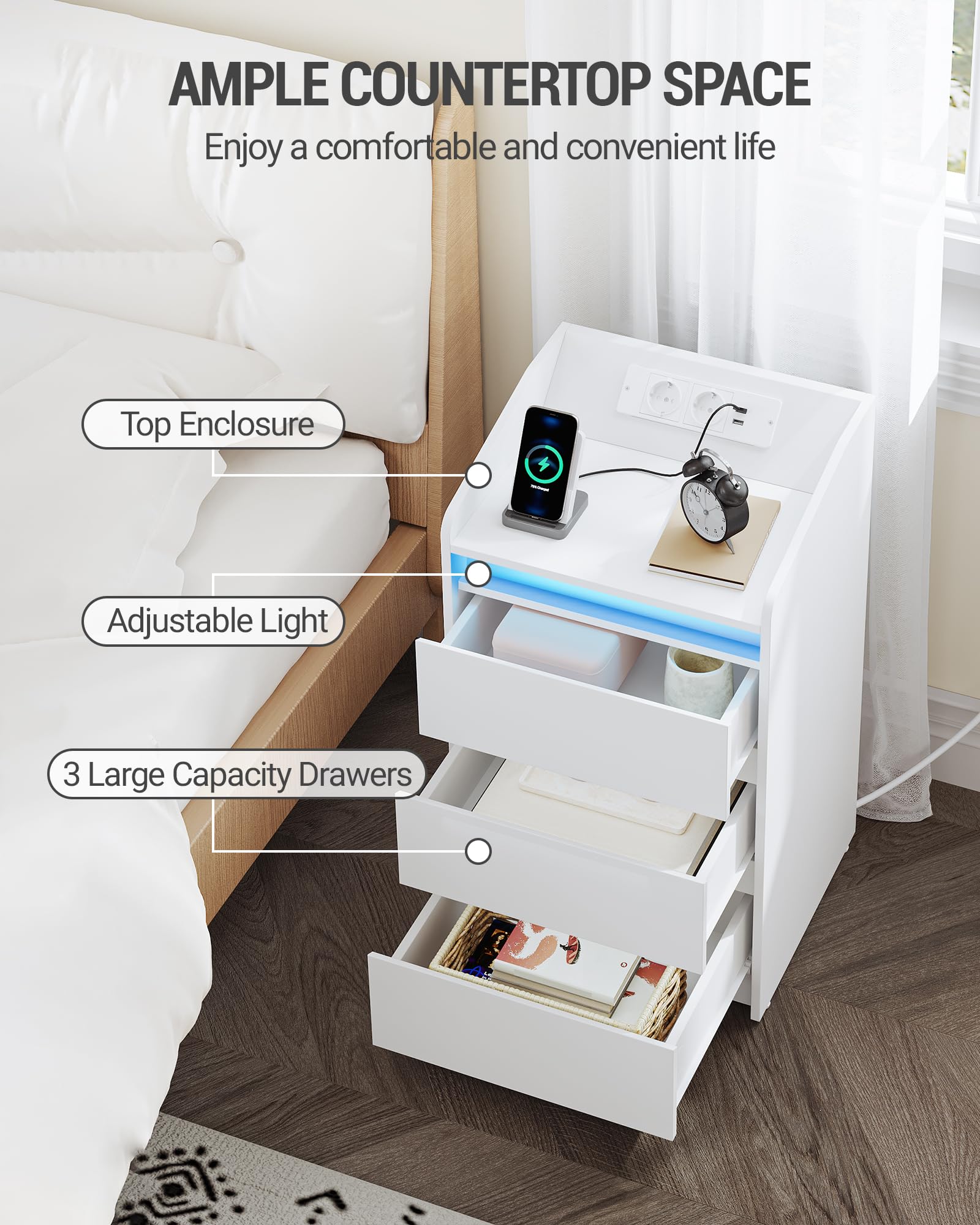 Hzuaneri Mesilla de Noche con 3 Cajones, Mesa Auxiliar con Estación de Carga y LED, 2 Tomas CA y 2 Puertos USB para Dormitorio, Salón, Blanco NS40003X