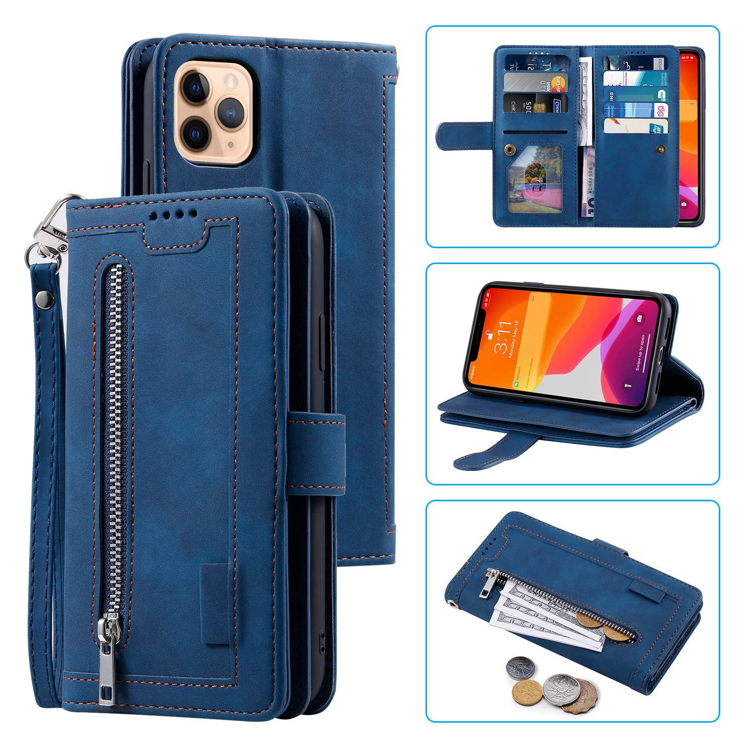 UEEBAI Wallet Case for iPhone 12 iPhone 12 Pro 6.1 inch, Retro 9 Card Holder Slots Zipper Pocket Handbag Case PU Leather Magnetic Closure Kickstand with Wrist Strap TPU Shockproof Flip Case - Blue