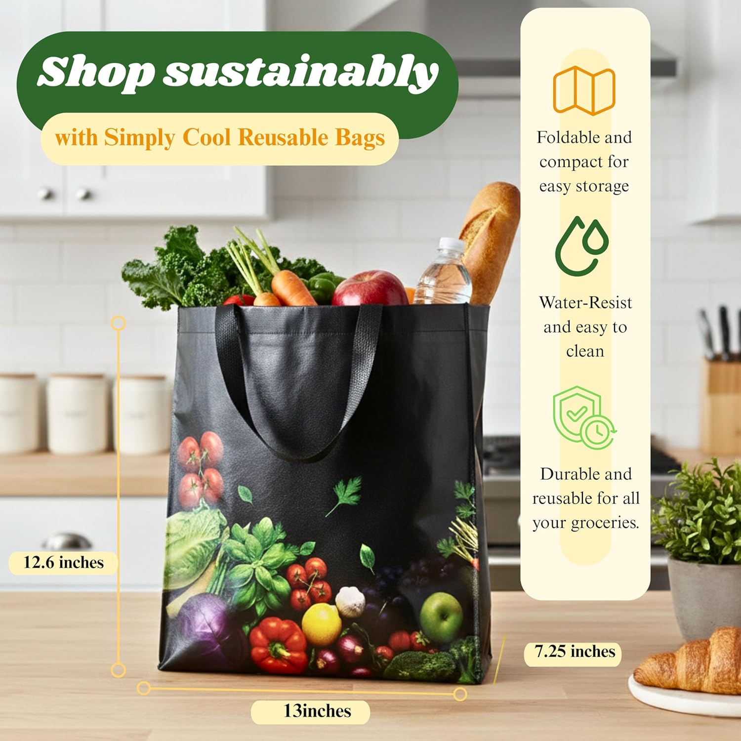 Simply Cool Reusable Grocery Bag 13”x12.6”x7.25 Eco-Friendly - Shopping Bags, Heavy Duty Foldable, Tote Bags Bulk