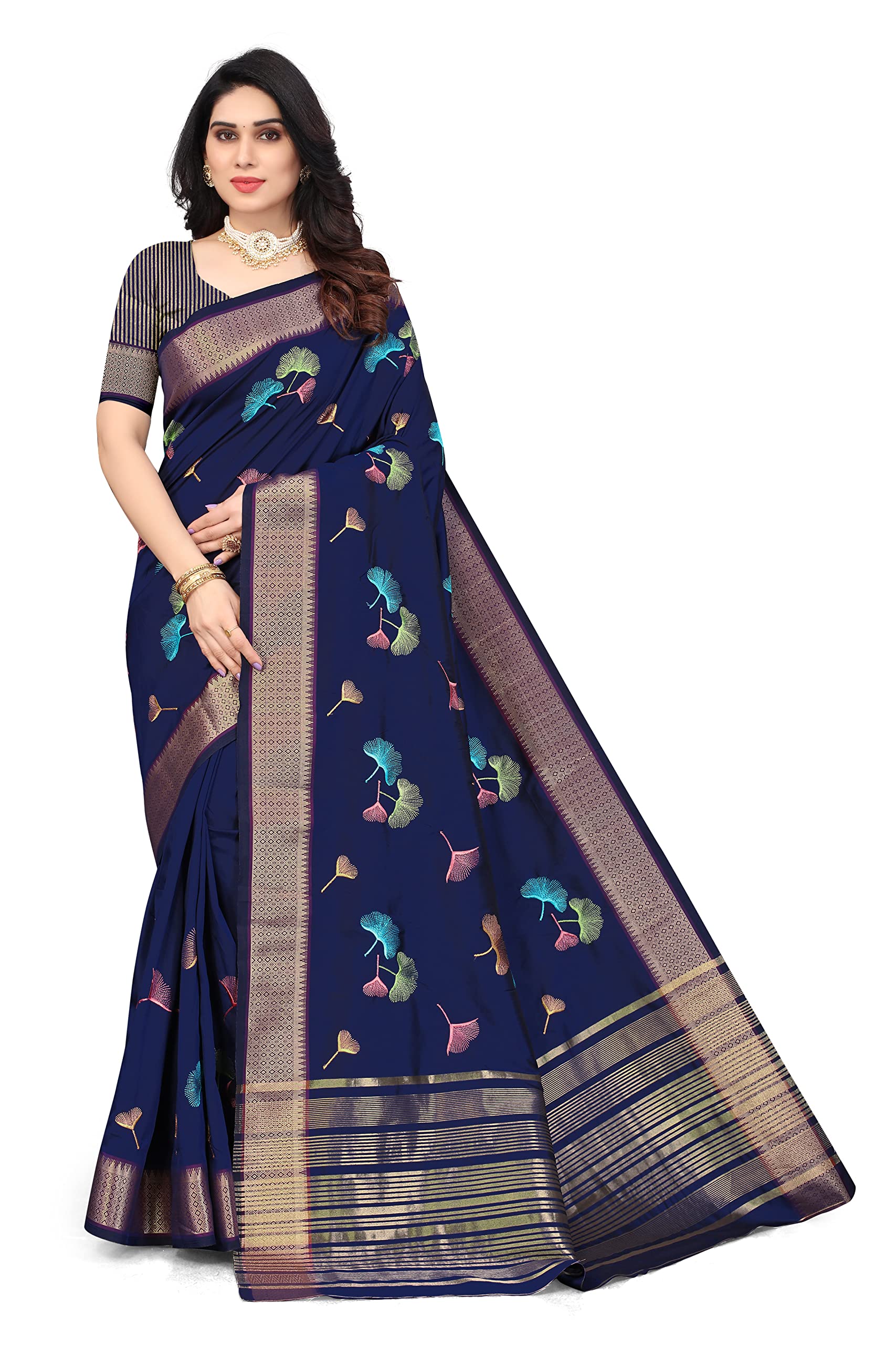 SERONA FABRICSWomen's Banarasi Soft Cotton Silk With Colourful Thread Embroidery Work Saree with Blouse
