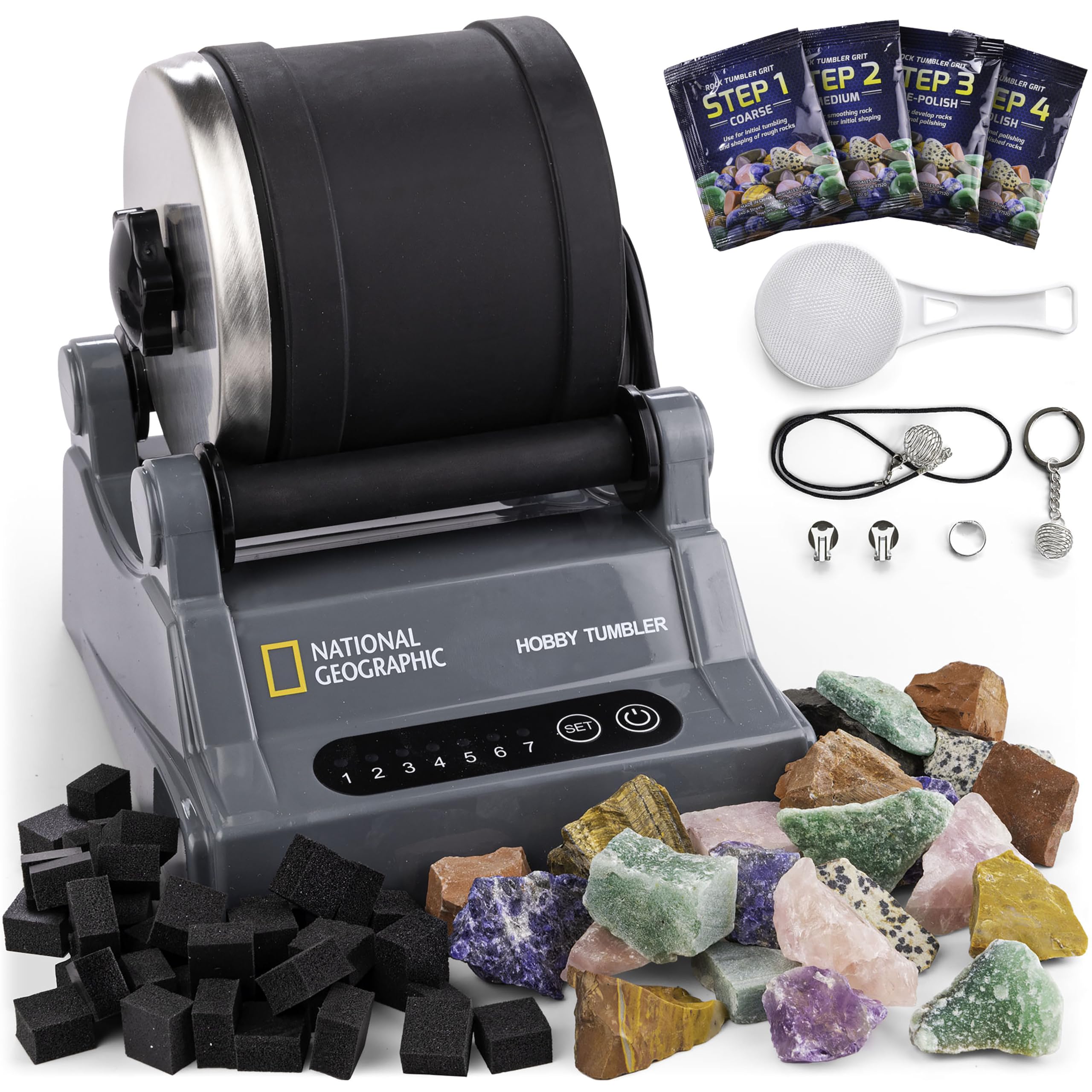 NATIONAL GEOGRAPHIC Hobby Rock Tumbler Kit - Rock Polisher for Kids & Adults, Durable Noise-Reduced Barrel, Rocks, Grit & New GemFoam for a Shiny Finish, Cool Toys, Great STEM Hobby Kit