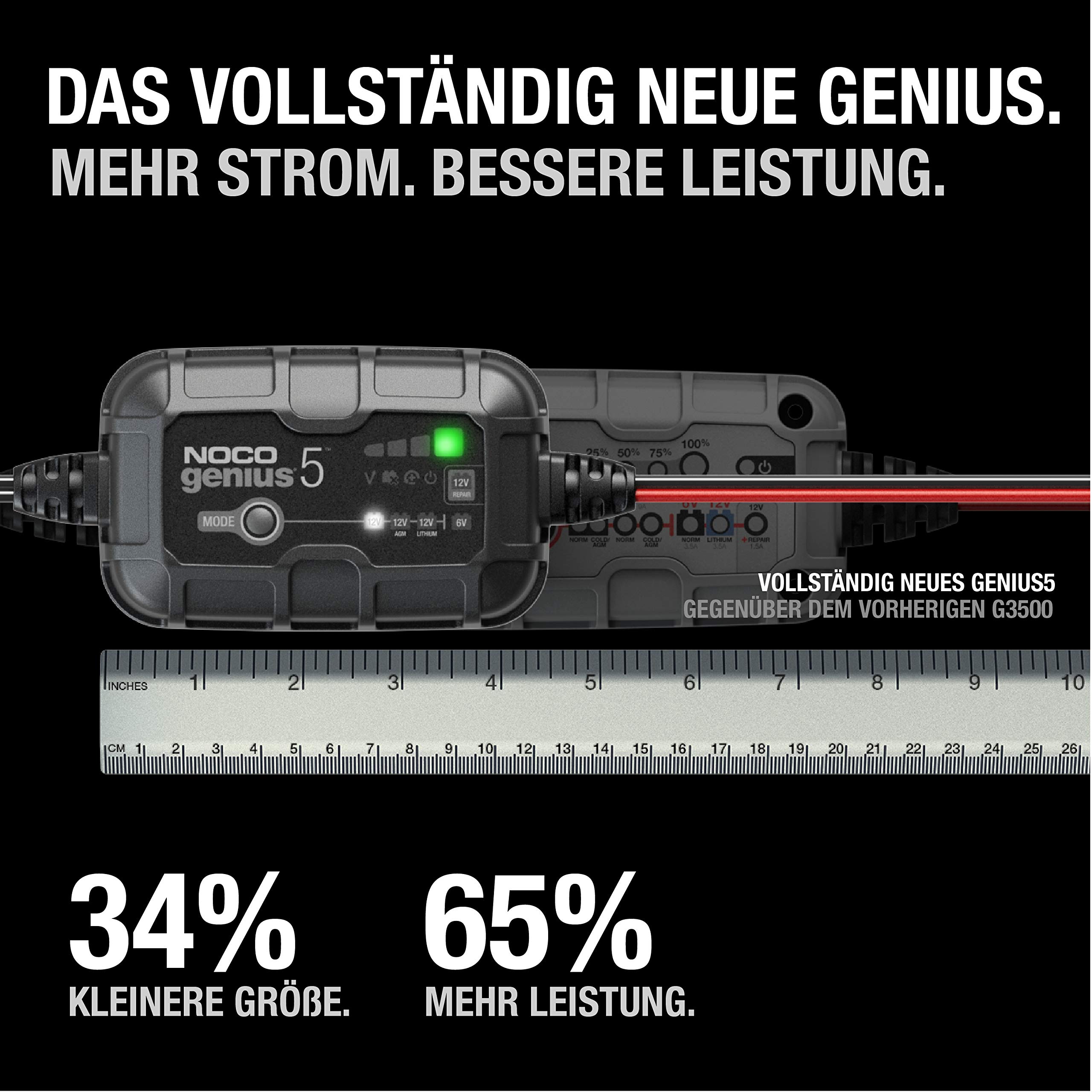 NOCO GENIUS5: 5A Batterieladegerät für Auto & Motorrad — 6V/12V Erhaltungsladegerät & Entsulfator — Für AGM, Lithium (LiFePO4) & Start-Stopp-Batterien