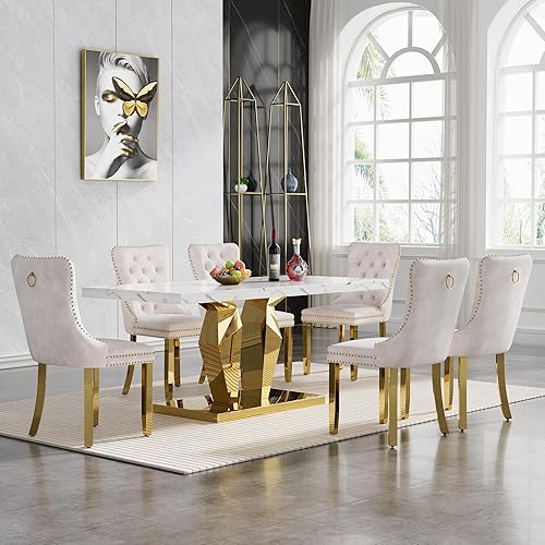 Miniatura 10 de Juego de 5 mesas de comedor de mármol sintético, juego de mesa de cocina y comedor para 4, mesa de comedor rectangular blanca de 70 pulgadas con