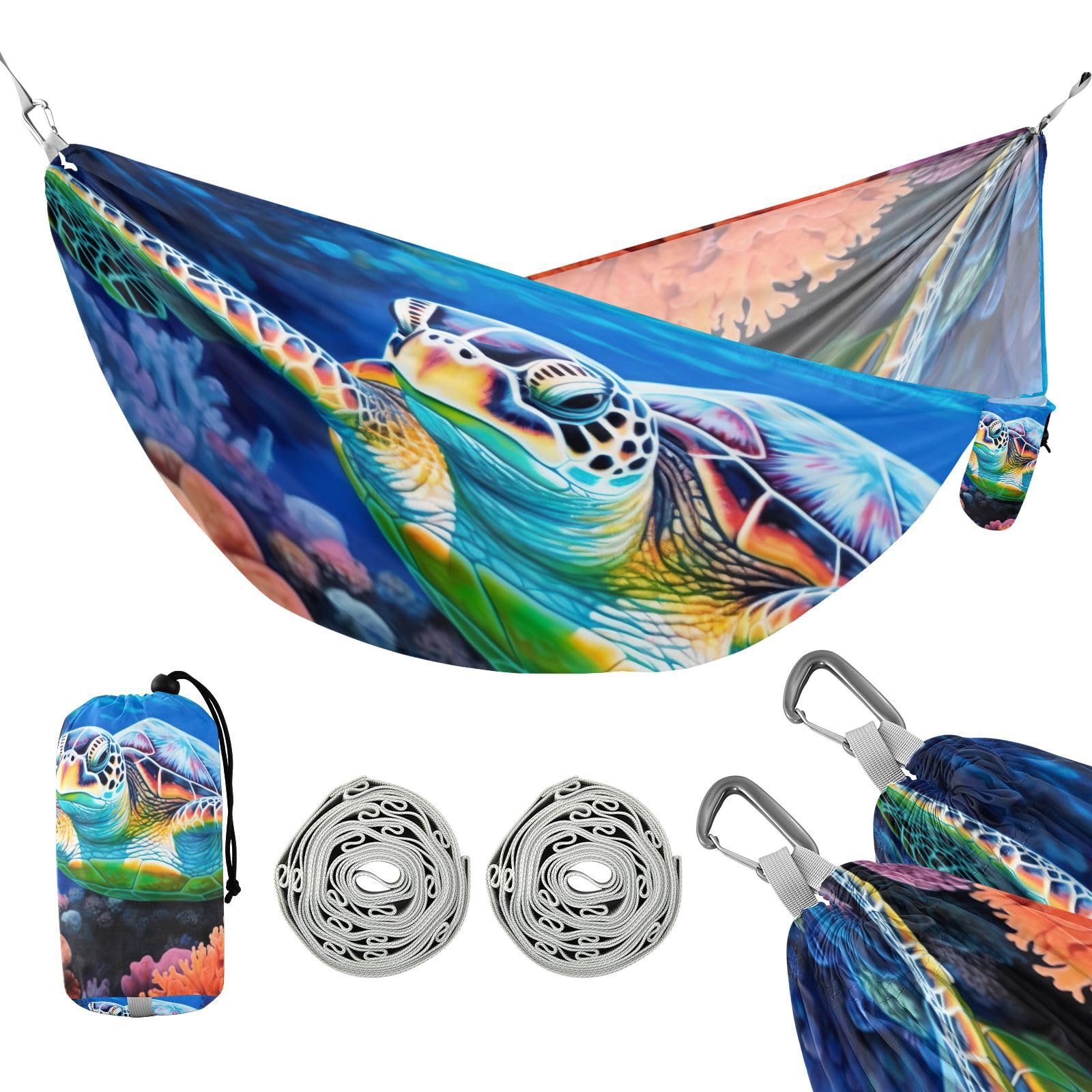 Haskirky Sea Turtle Camping Hammock, Single Portable Hammocks with Tree Straps & Attached Carry Bag, 330Lbs Capacity Perfect for Outside Indoor Hiking Beach Backpack Travel