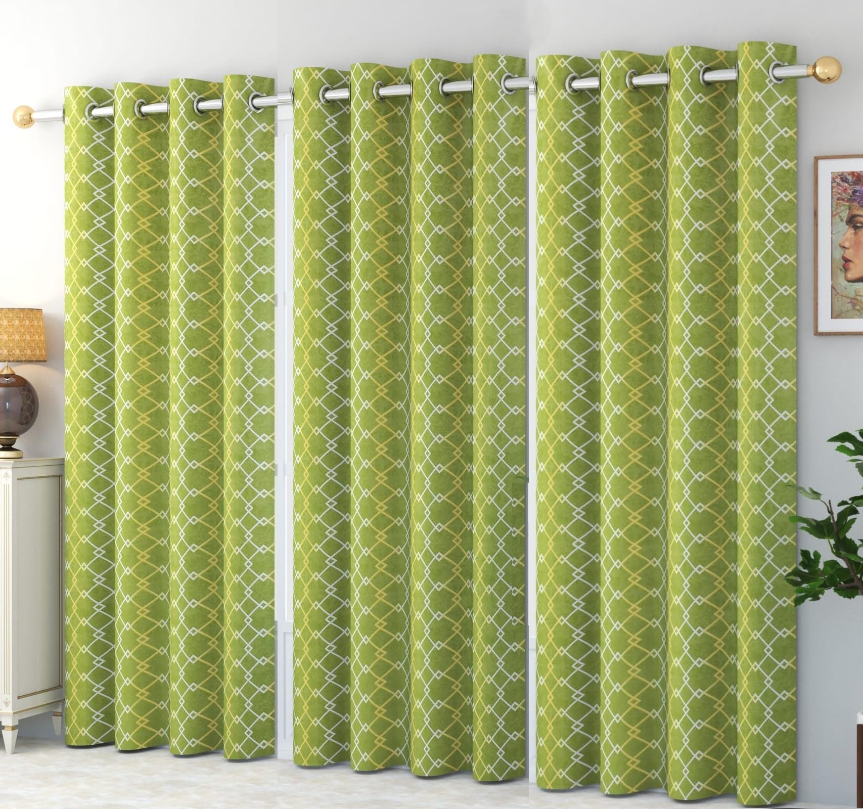 WO FLORA Latest Check Pattern Window Curtains for Living Room | Drawing Room Parde | Curtain Panel for Door, Green Color 5 Feet 3 Pcs Set Curtains