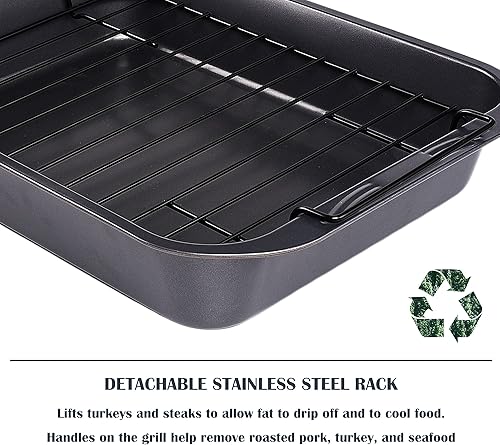 Miniatura 2 de kitCom Bakeware - Asador antiadherente, sartén antiadherente con estante, ideal para pollo asado, asados y pavos, 15 pulgadas x 11 pulgadas (5.8