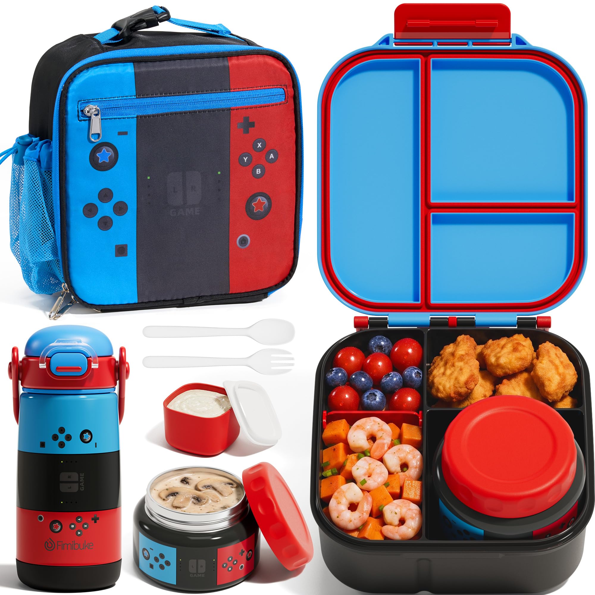 Fimibuke Kids Bento Lunch Box w/Insulated Water Bottle, Lunch Bag & Thermo | Leak Proof 3-4 Compartment Food Container, 8.5oz Food Jar, Toddler 14oz Stainless Steel Cup Set for Boy Girl, Dishwasher Safe