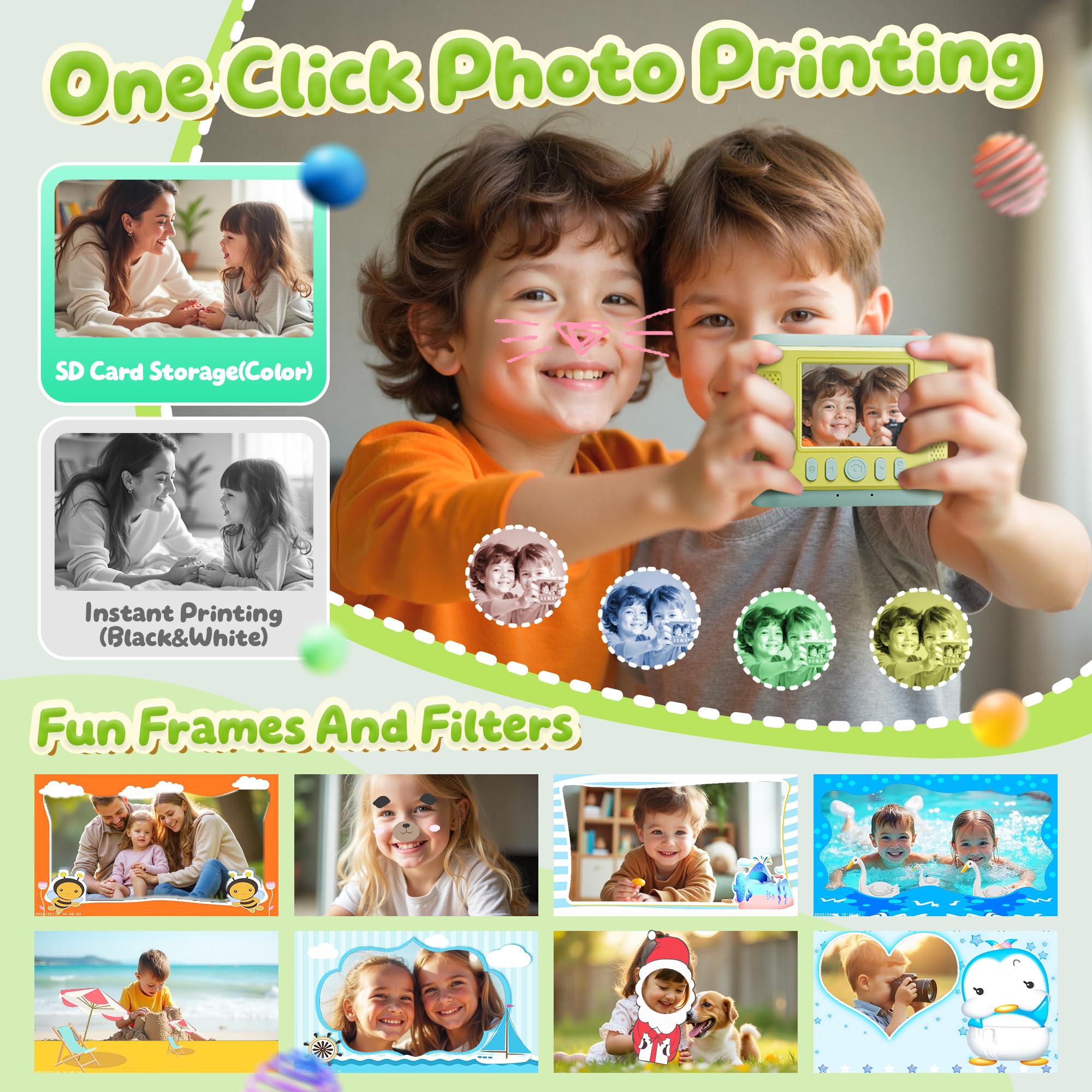 CalineGam Macchina Fotografica Bambini Istantanea, HD 1080P Fotocamera Istantanea per Bambini con Scheda 32G e Carta Fotografica, Regalo per Ragazze Ragazzi da 3-12 Anni (Verde)