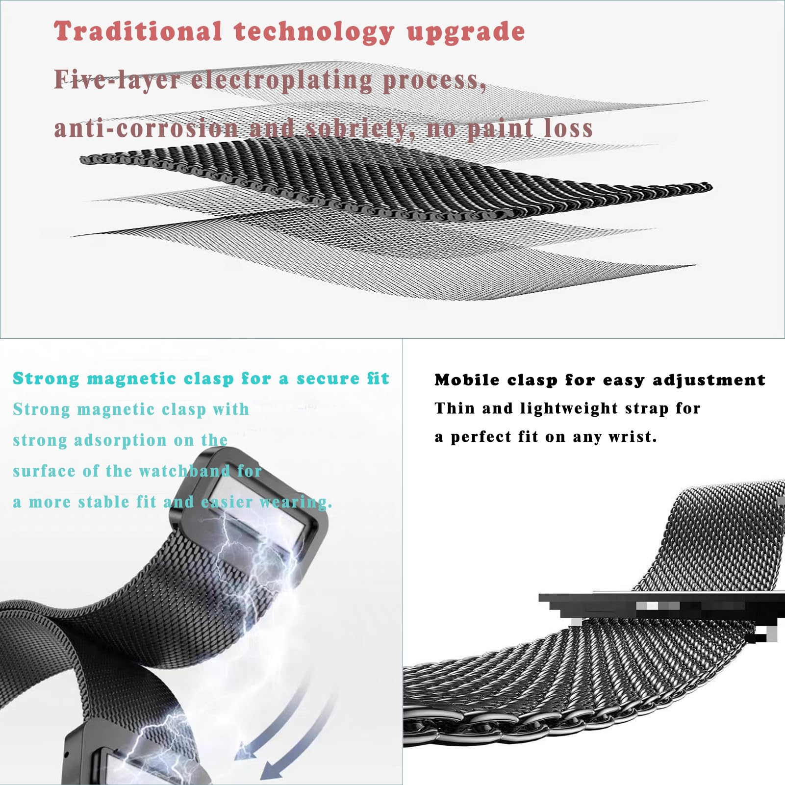 KAMINRUN Mesh Metal Bands Compatible with Apple Watch Band 42 mm 44 mm 45 mm 49 mm, Stainless Steel Magnetic Loop Strap, 44 MM - Image 4