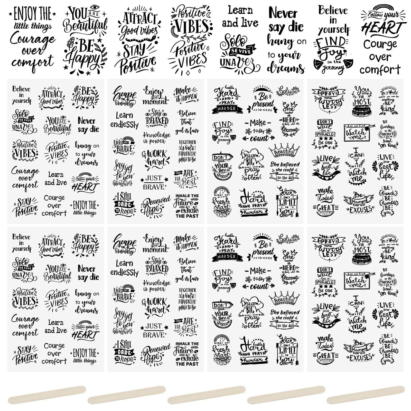 WANDIC 16 Sheets Rub On Transfer Sticker, Black Encouragement Theme Transfer Decals Inspiring DIY Scrapbook Stickers for Greeting Cards Gift Wrapping Decoration,Day Deals 2025
