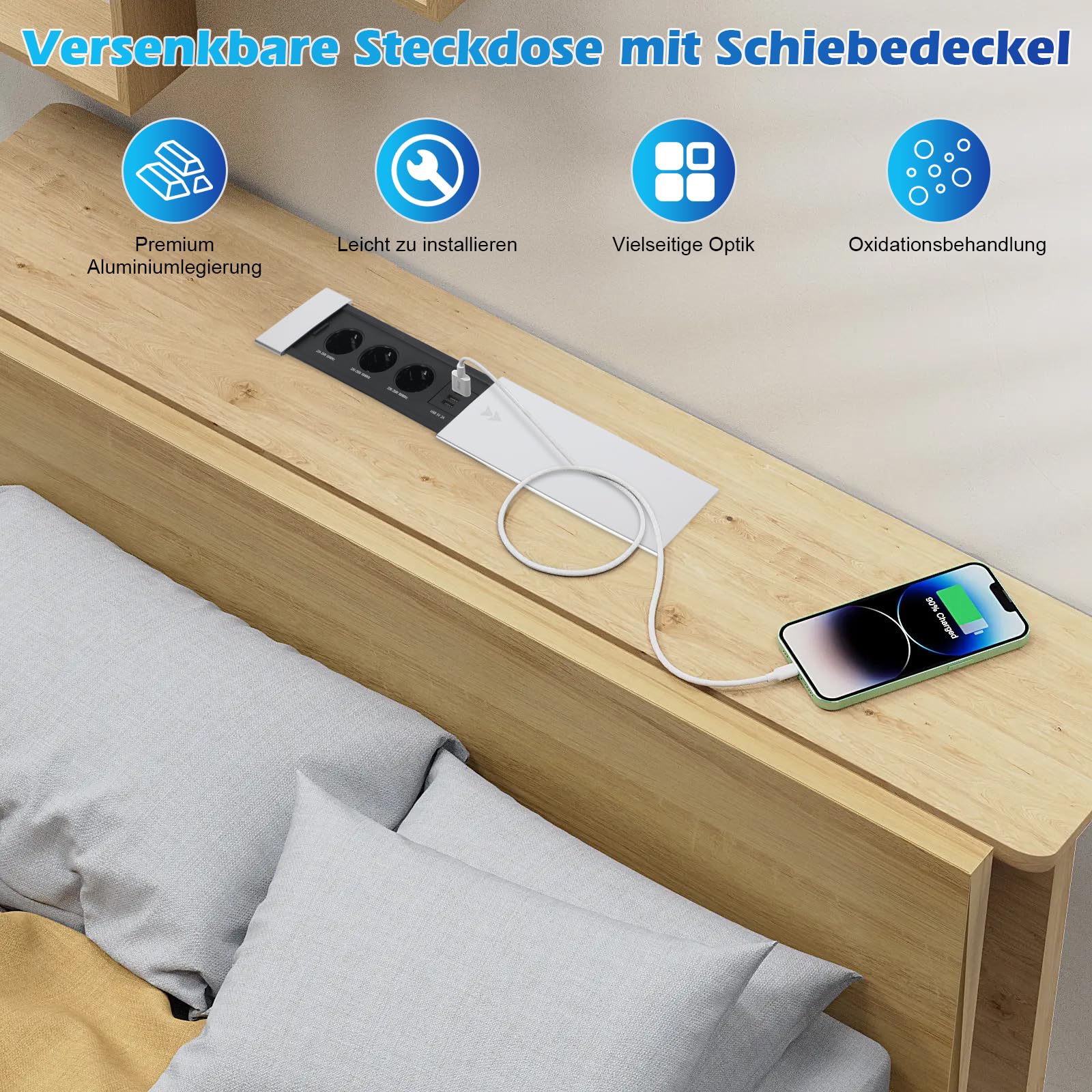 Presa a scomparsa, 3 scomparti con 2 USB A e USB C e coperchio scorrevole per scrivanie, tavoli da lavoro, tavoli da pranzo, cucina (argento, 3 scomparti)