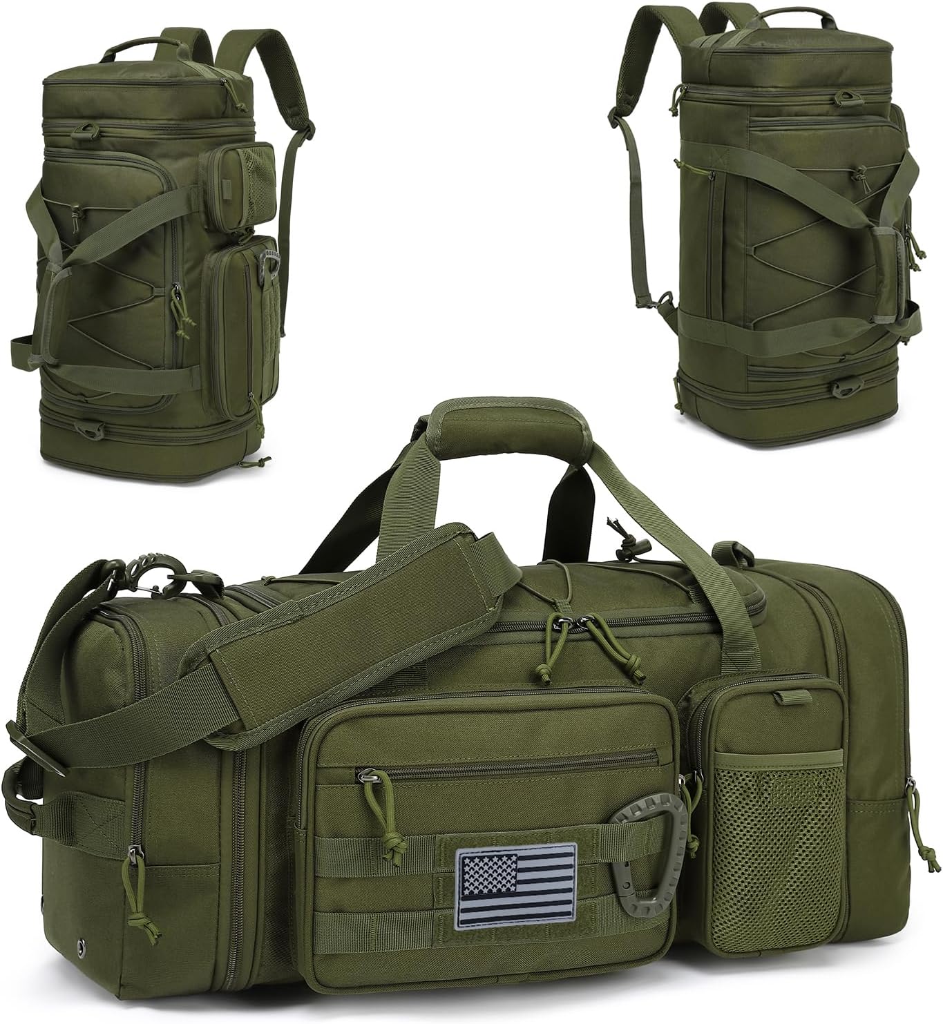 3 in 1 Tactical Gym Bag Backpack for Men 40-45L Expandable Travel Duffle Bag for Women Military Sport Duffel Bags Weekend Overnight with Shoe Compartment & Wet Pocket for Fitness, Green