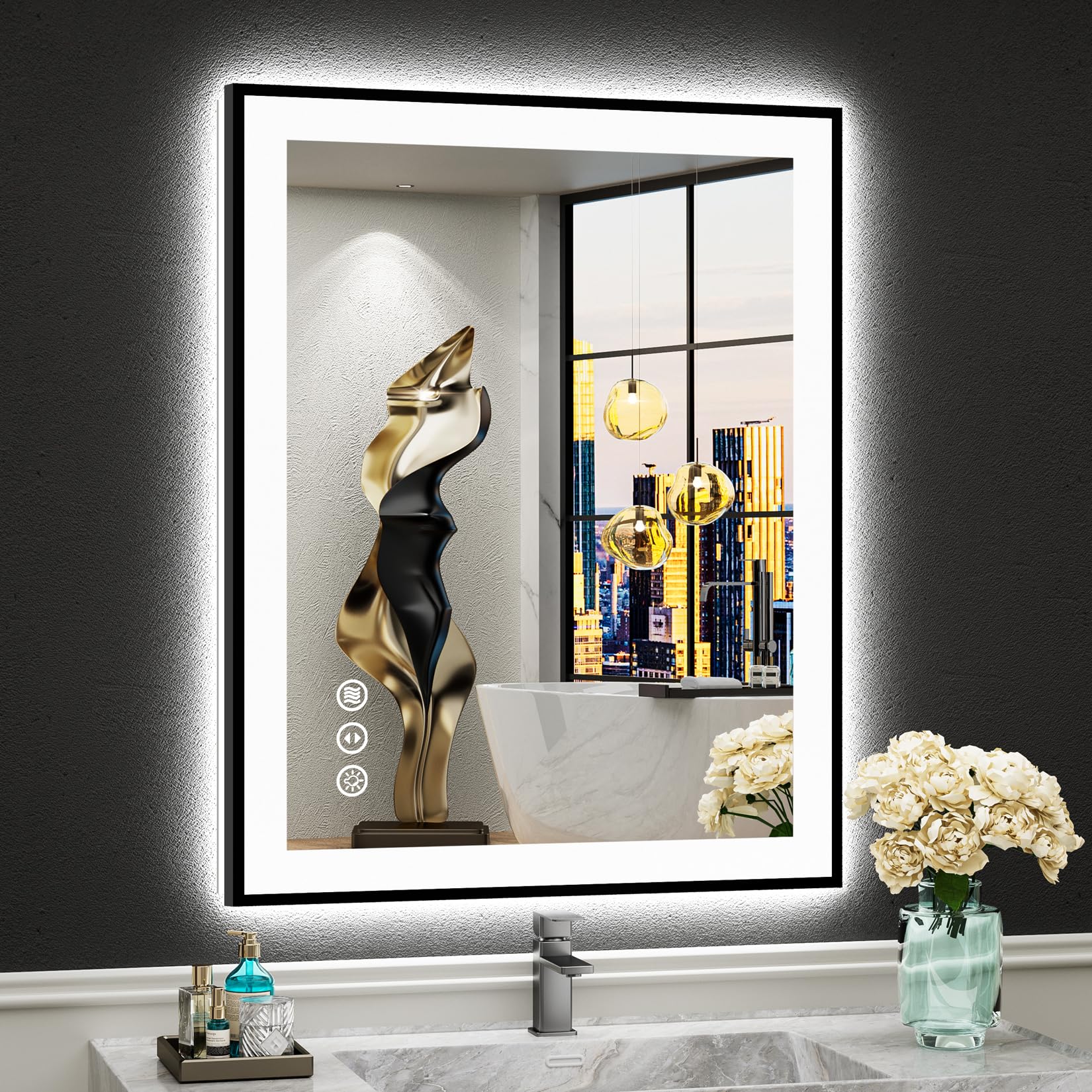 24x30 Black Framed LED Bathroom Mirror with Lights, Backlit and Front Lit Anti-Fog Lighted Vanity Mirror for Bathroom Wall, Dimmable, 3 Colors, Memory, Shatter-Proof, HD Tempered Glass, CRI 95