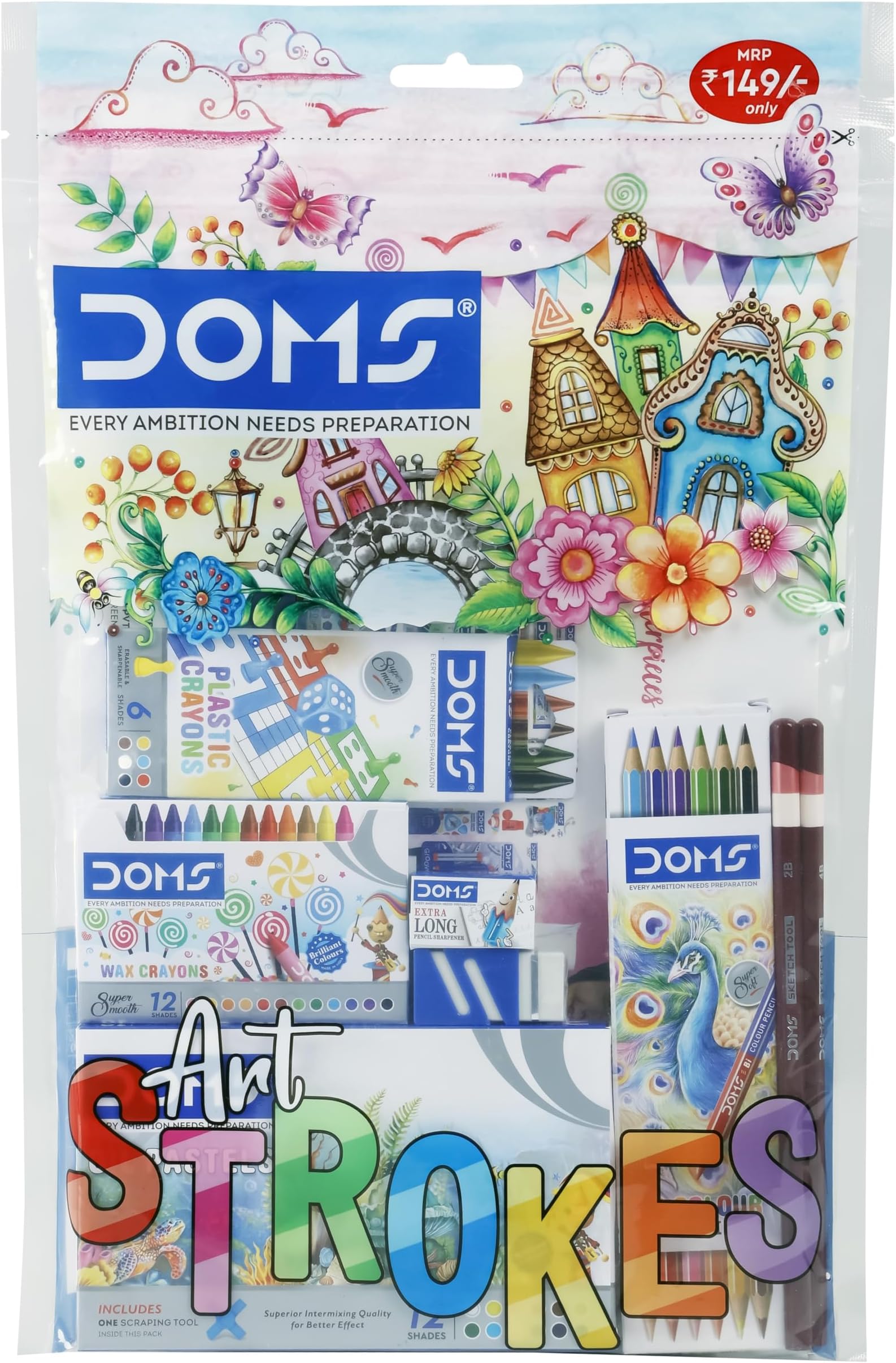 Doms Art Strokes Kit | Perfect Value Pack | Kit for Creative Minds | Gifting Range for Kids | Combination of 10 Stationery Items | Pack of 1