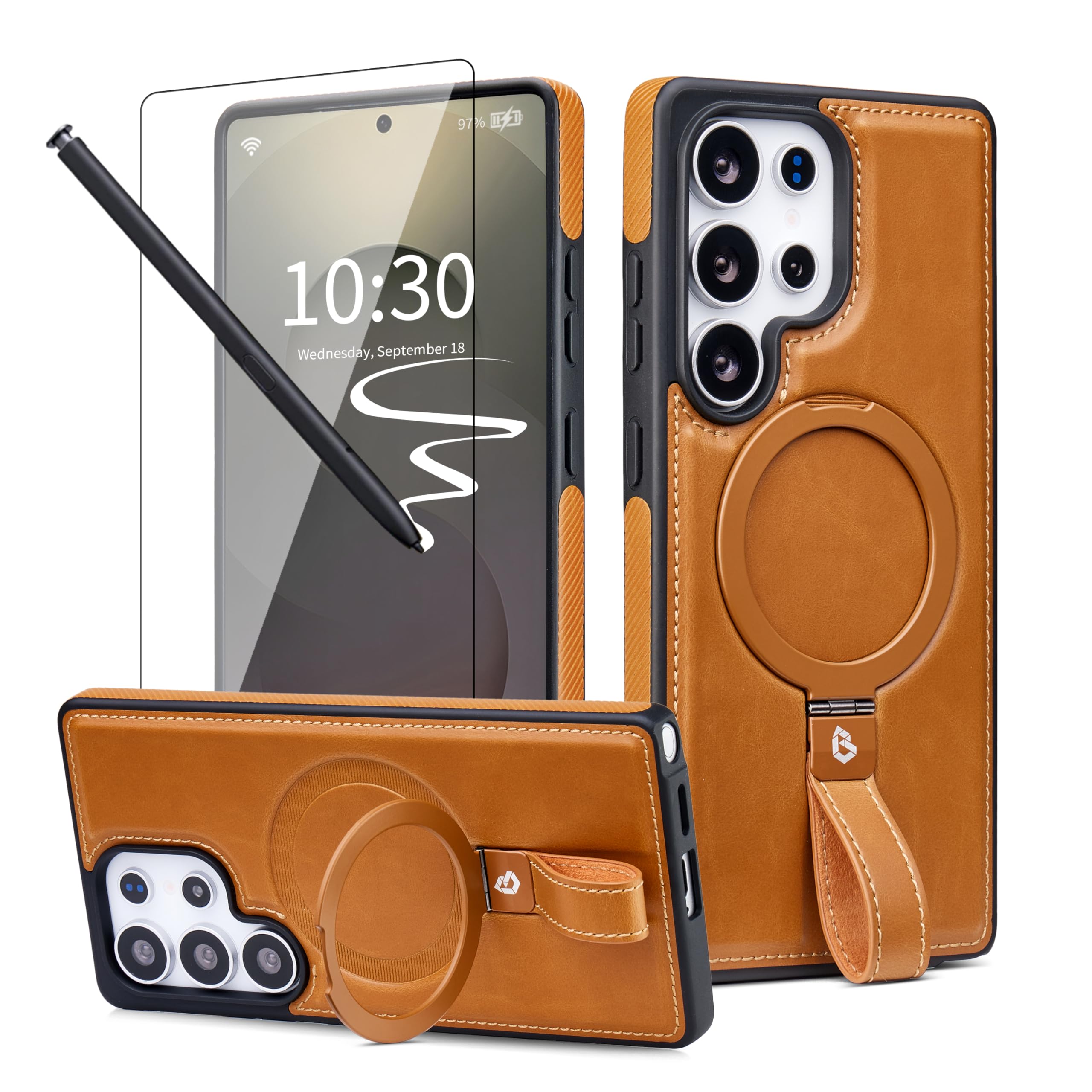 for Samsung Galaxy S25 Ultra Leather Case with Stand, Anti-Slip Grip Ring, Fits for MagSafe (Brown, S25 Ultra-6.9inch)