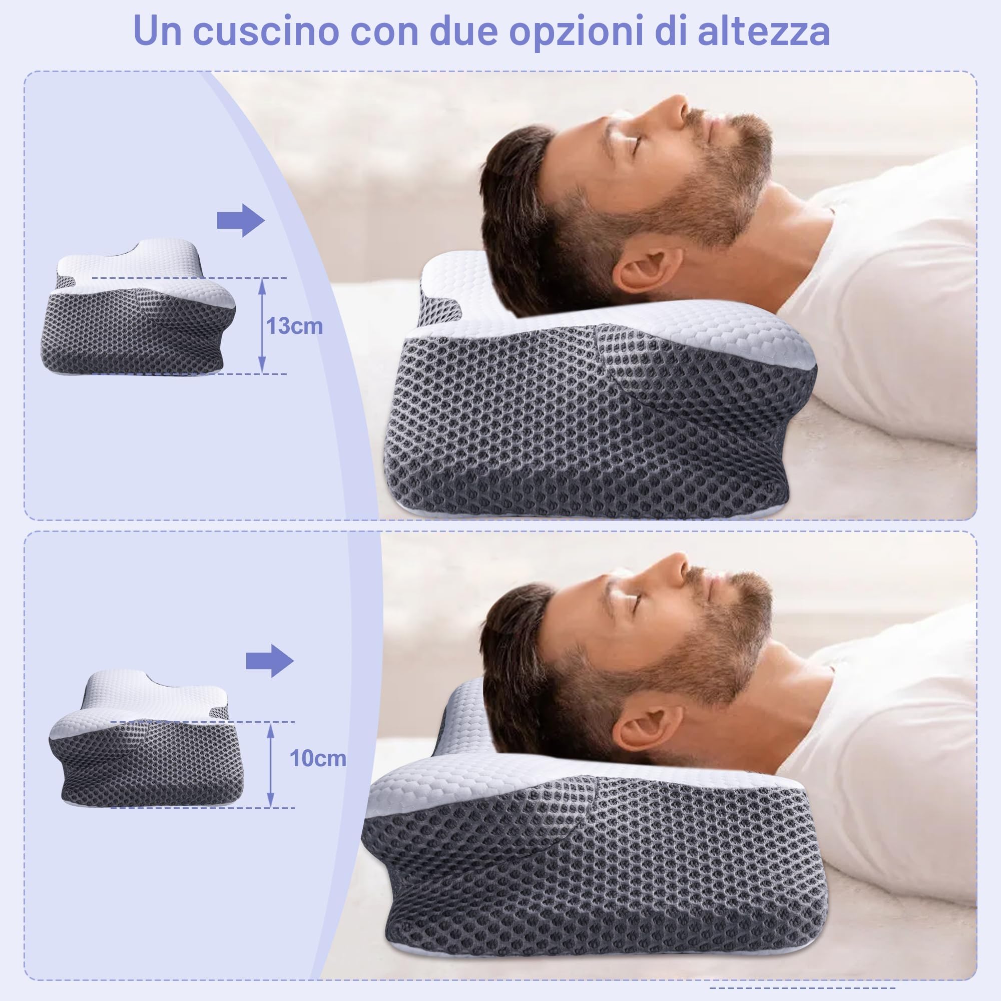 YunNasi Cuscino Cervicale Per Dormire Memory Foam 60 * 34 * 13/10cm | Cuscino Ergonomico, Supporto per Collo e Spalle, Federa Sfoderabile e Lavabile, Traspirante