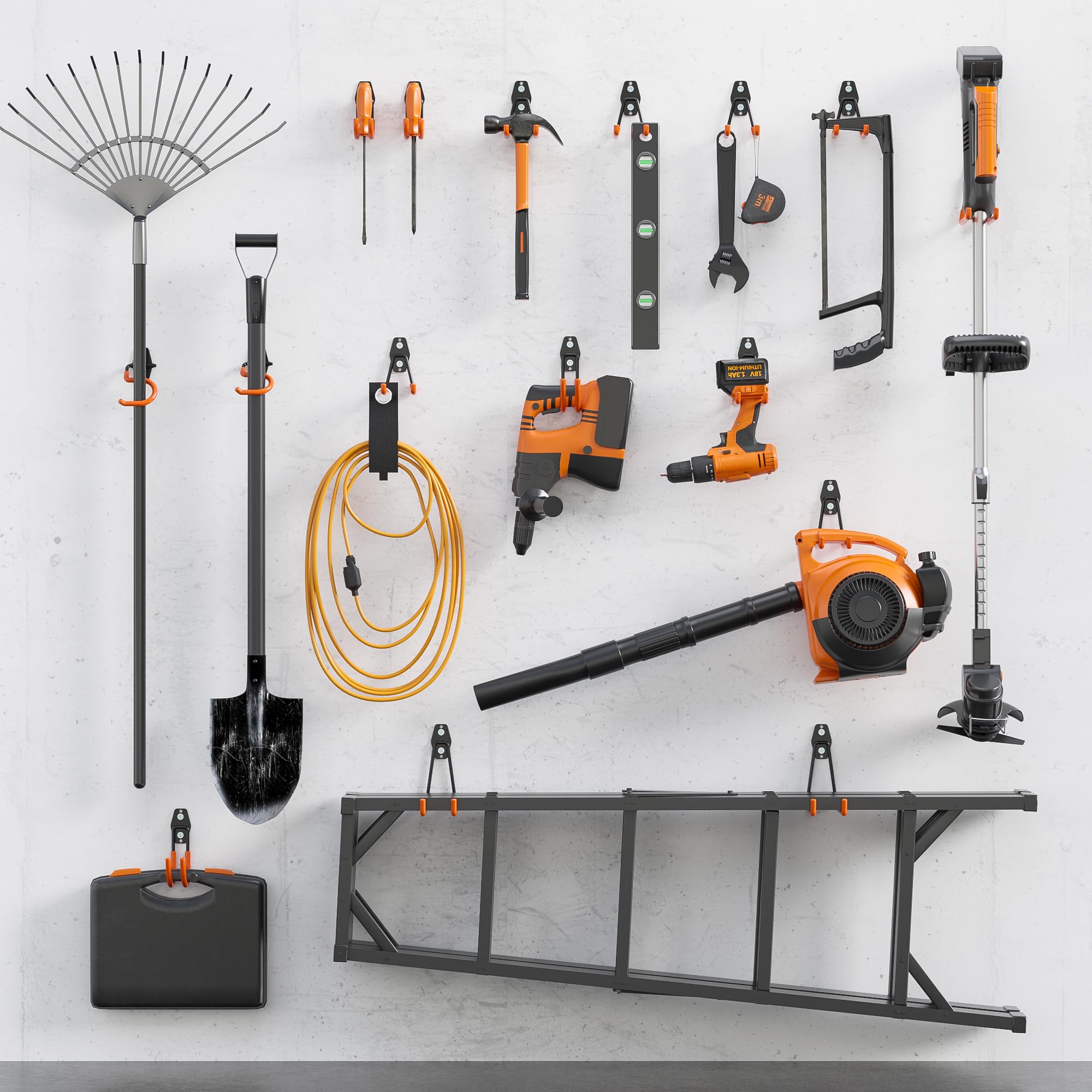 BONTEC Ganchos De Garaje Pesados, Set 18 Ganchos Antideslizantes, Acero Reforzado, Carga 502 KG, U y S Soporte Bicicleta, Organizador Herramientas, Colgador Pared Multiusos, Naranja
