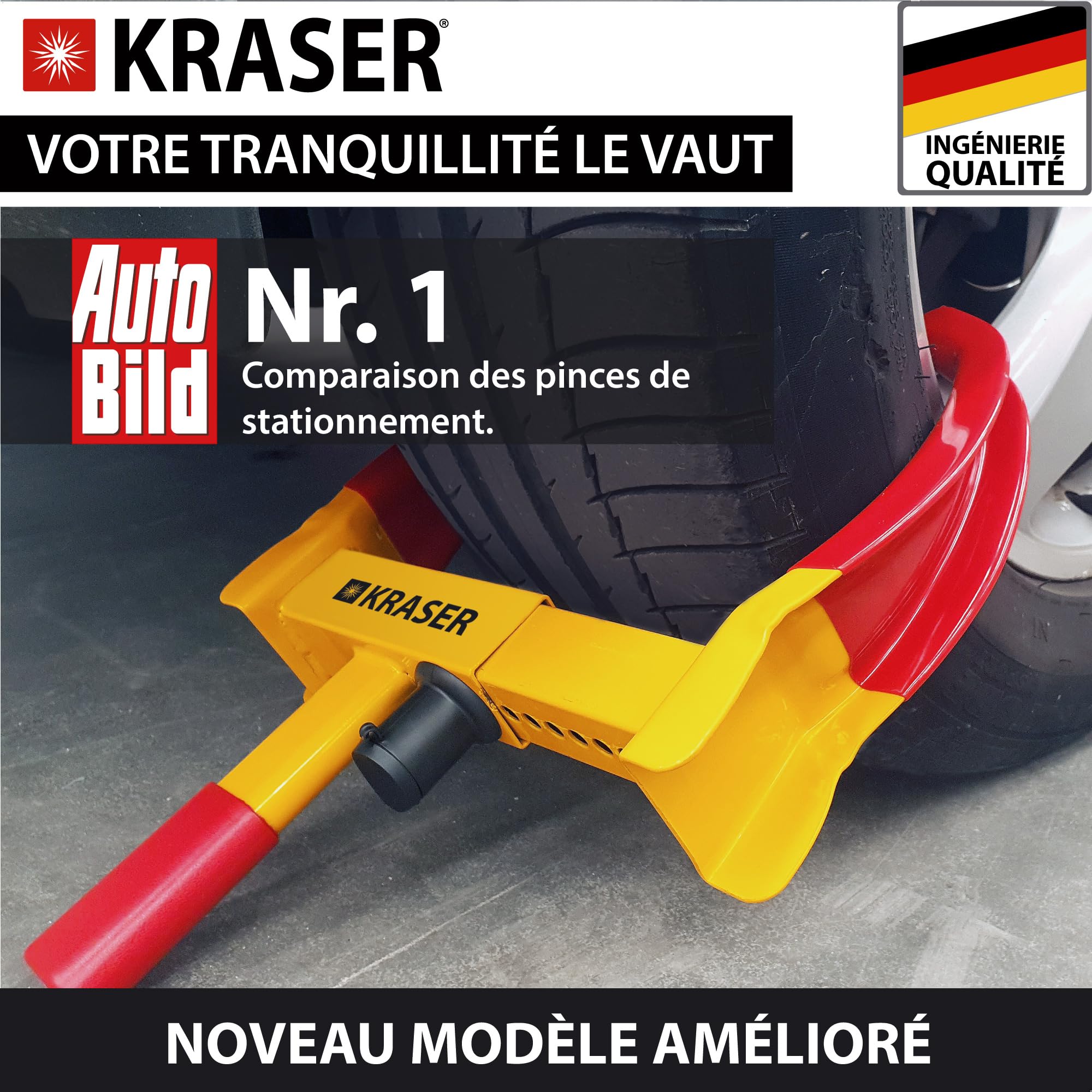 KRASER WA820 Antivol Voiture Sabot Roue, N1 Allemagne, Haute Sécurité Serrure Anti-Perçage, Antivol Caravane Visible Dissuasif, Blocage Anti vol Universel Réglable 18-29 cm Auto, Camping Car, Remorque