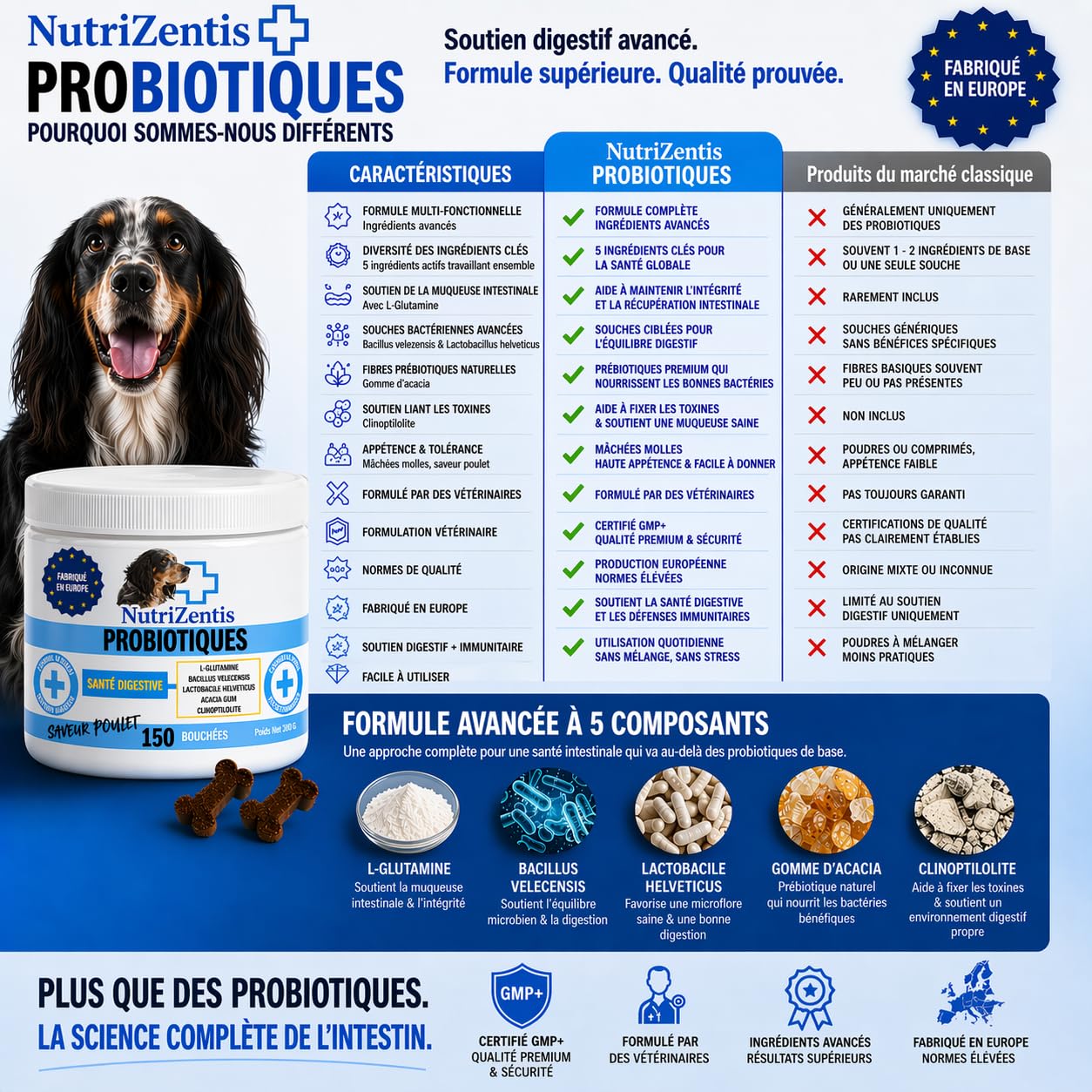 Probiotique Chien 150 Bouchées Répare la Flore intestinale du Chien, renforce Son système immunitaire, probiotiques pour Chiens | Fabriqué en Europe | 150 Bouchées au Poulet