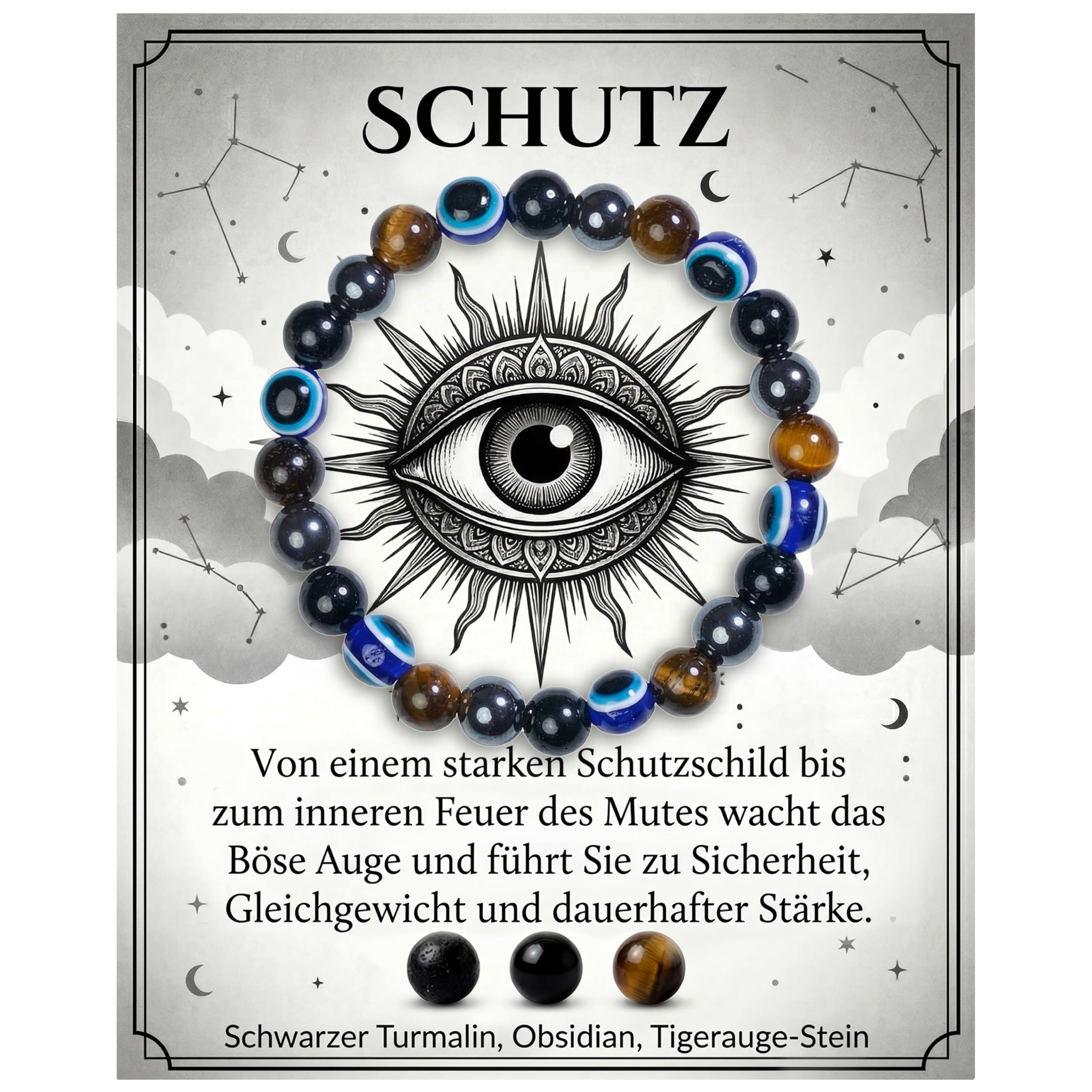Bivei Evil Eye Schutzarmband, Kraftstein Heilstein Armband 8MM mit Schwarzem Turmalin, Obsidian & Tigerauge - Dehnbares Elastischer Perlenarmband für Damen & Herren als Geschen