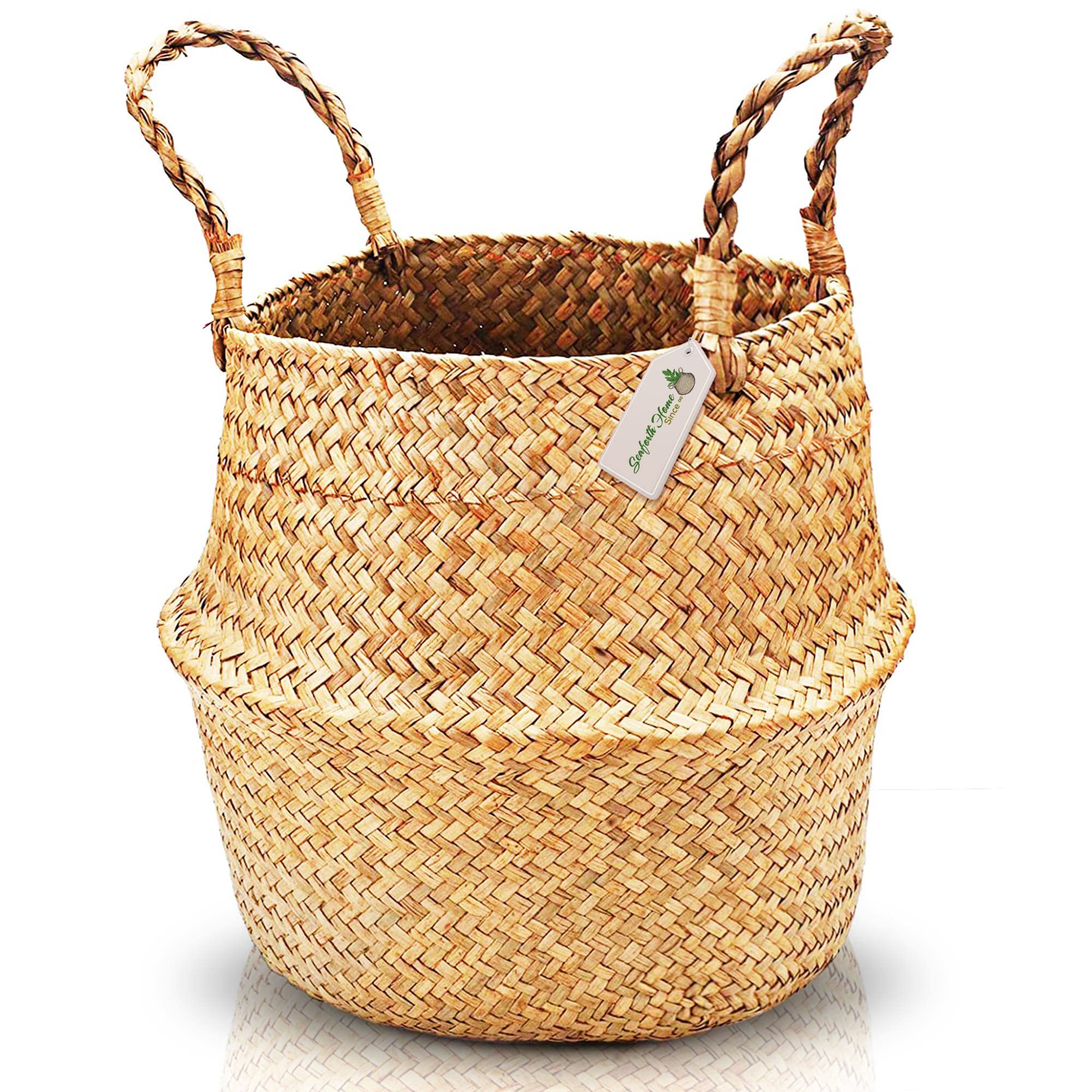 SeaforthHome Seagrass Plant Basket Indoor, 12 Inch Woven Large Seagrass Basket for Plants, Large Belly Basket, Woven Basket for Plant, Natural Picnic Tree Basket, Basket Planter, Large Plant Baskets