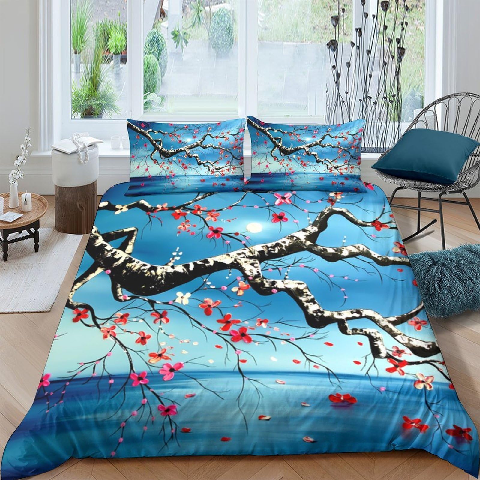 Ctjqhvkz Style-5 3D Printed Blue Sakura Branch Fitted Sheet Microfiber Soft Bed Cover For Bedroom Dorm Mattress Decor Single（135X200cm）