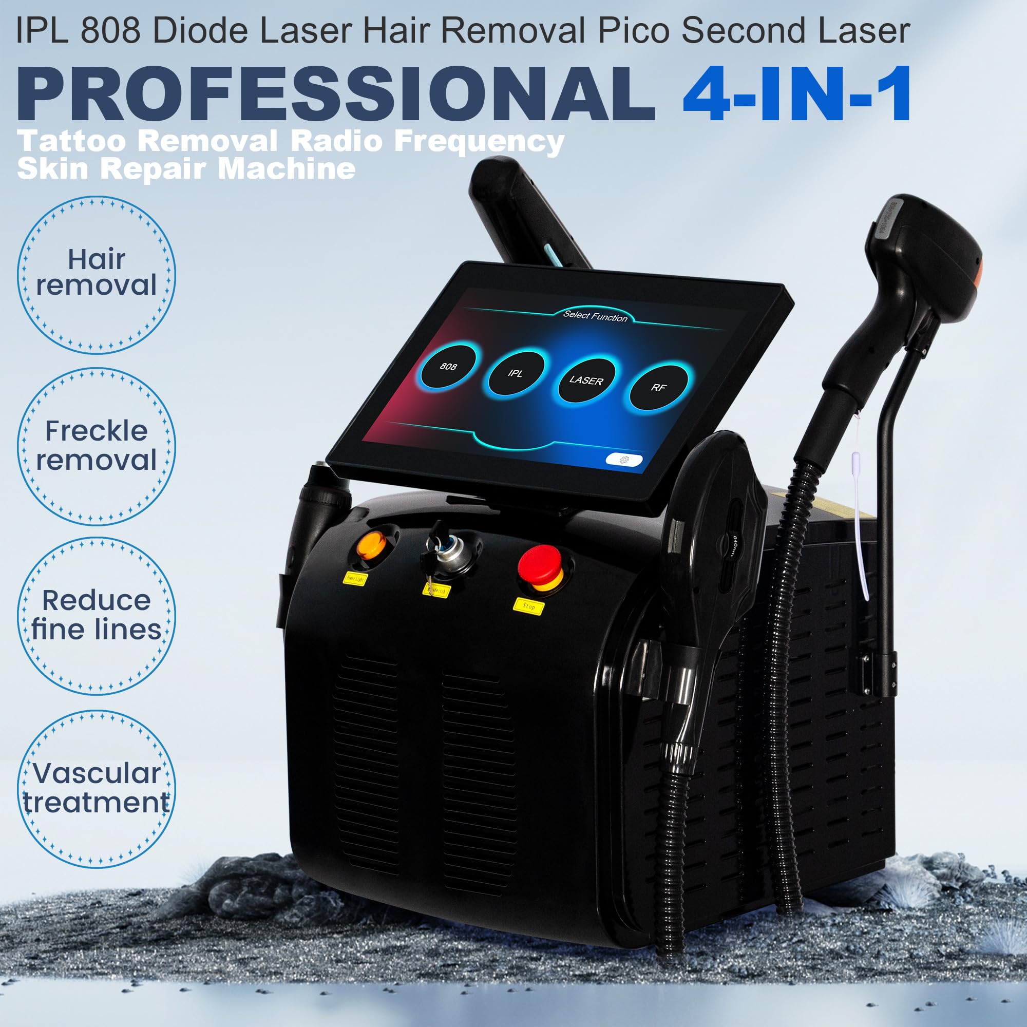 Macchina Epilazione Laser a Diodo 808nm 4 in 1 Salone | Piattaforma multi manipolo per epilazione, servizi IPL con filtri e trattamenti estetici RF in salone