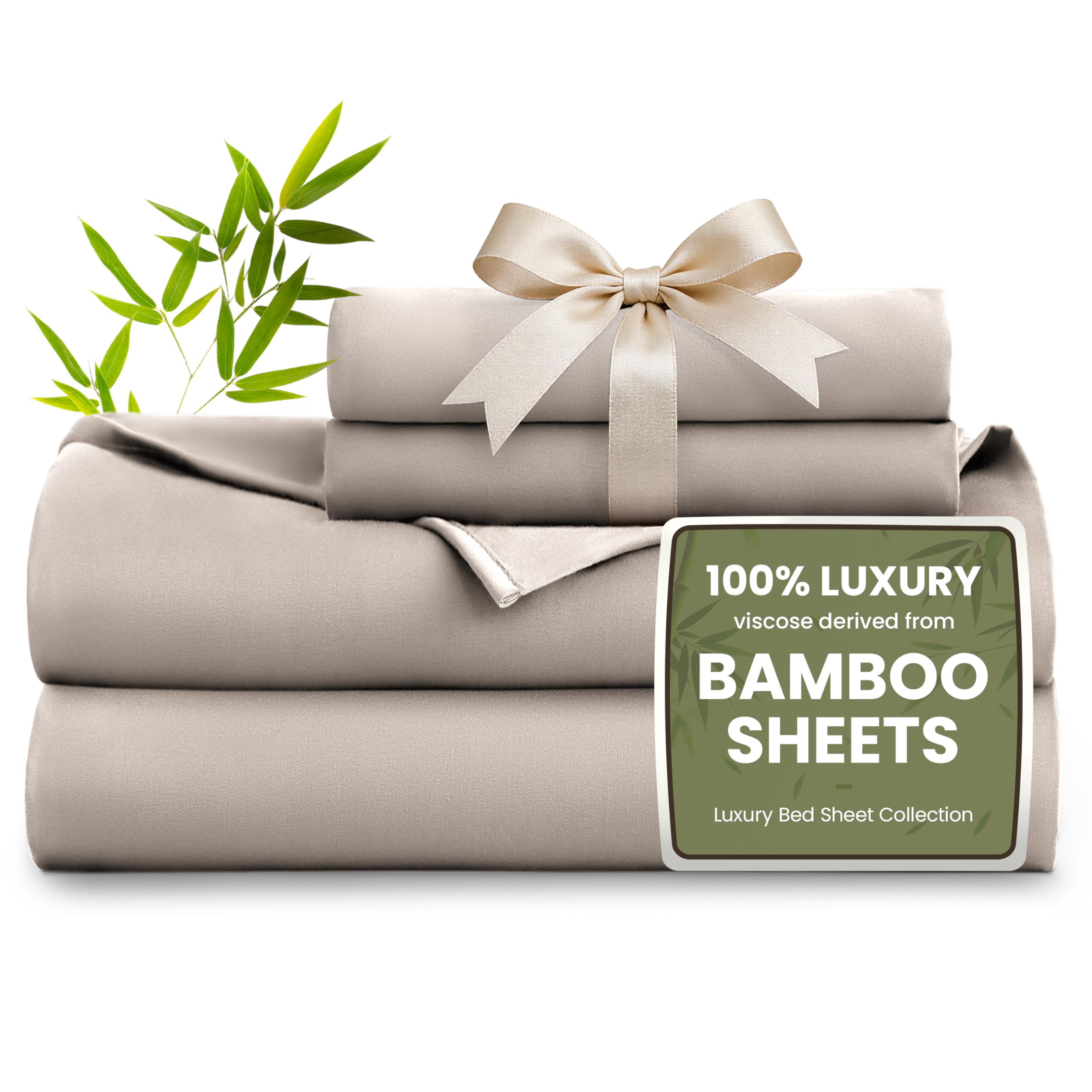 Love's cabin 4 Piece Queen Sheet Set, 100% Rayon Derived from Bamboo, Cooling &amp; Breathable, Soft Silky Deep Pocket up to 16", Hotel Luxury Bedding for Hot Sleepers, Light Tan