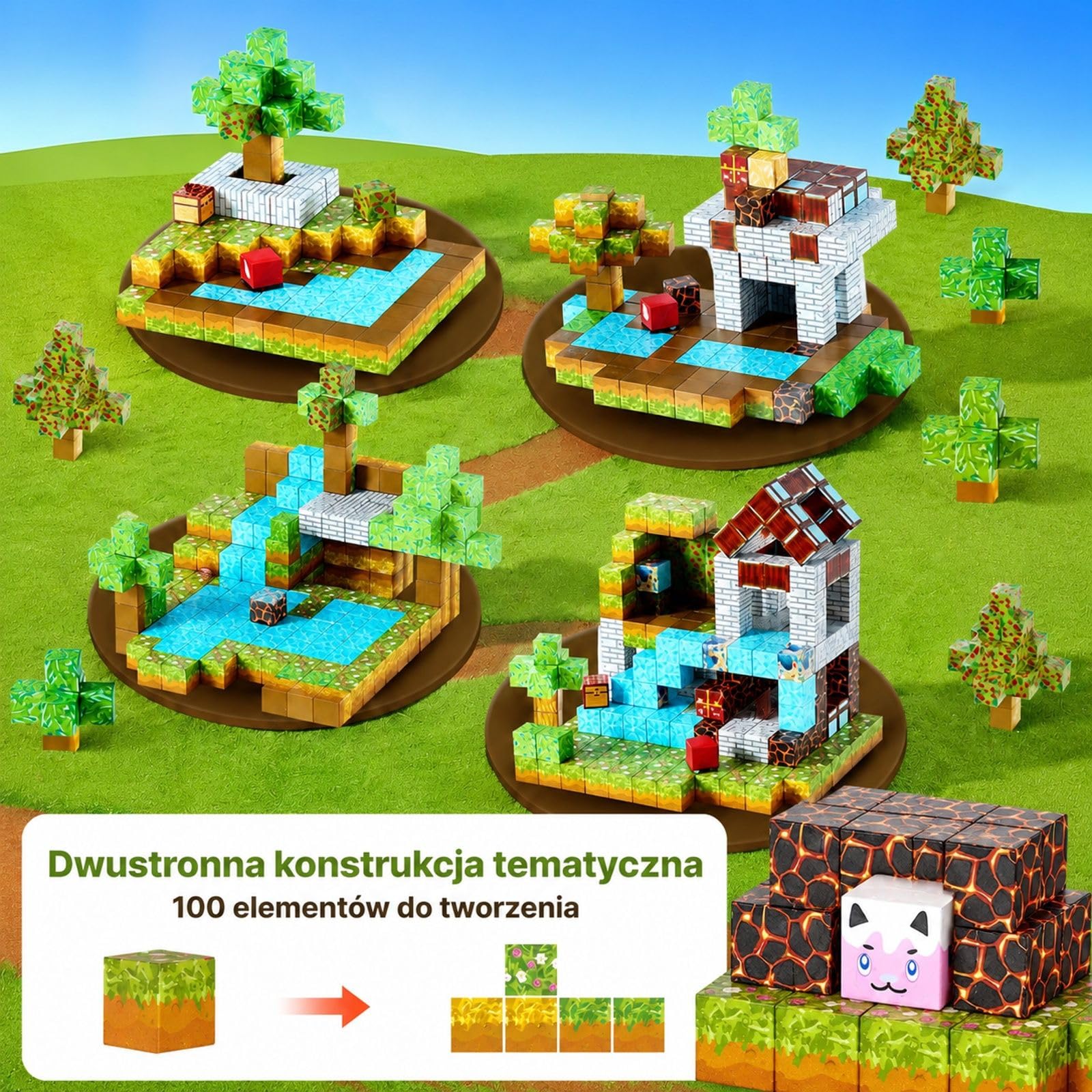 Magnetyczne klocki konstrukcyjne, 150-elementowy zestaw leśny z zamkiem i workiem do przechowywania