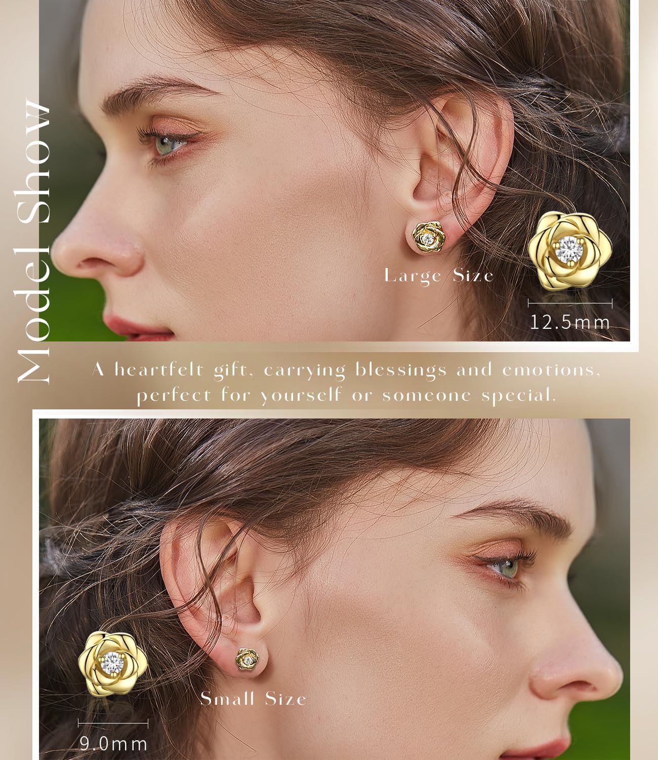Gold Plated Sterling Silver Rose Flower Earring Studs, Hypoallergenic & Nickel Free Earrings for Women - Image 4