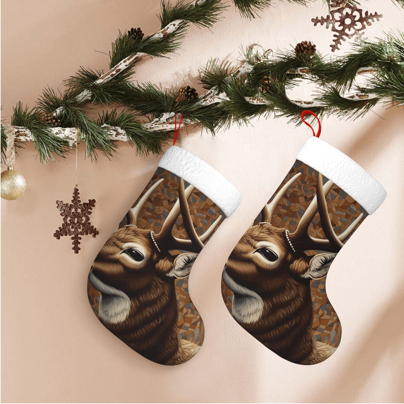 17.7" Christmas Stocking 1 Piece, Deer On Brown Background Xmas Stockings with White Plush Cuff Fireplace Hanging Stocking for Christmas Holiday Party Decoration