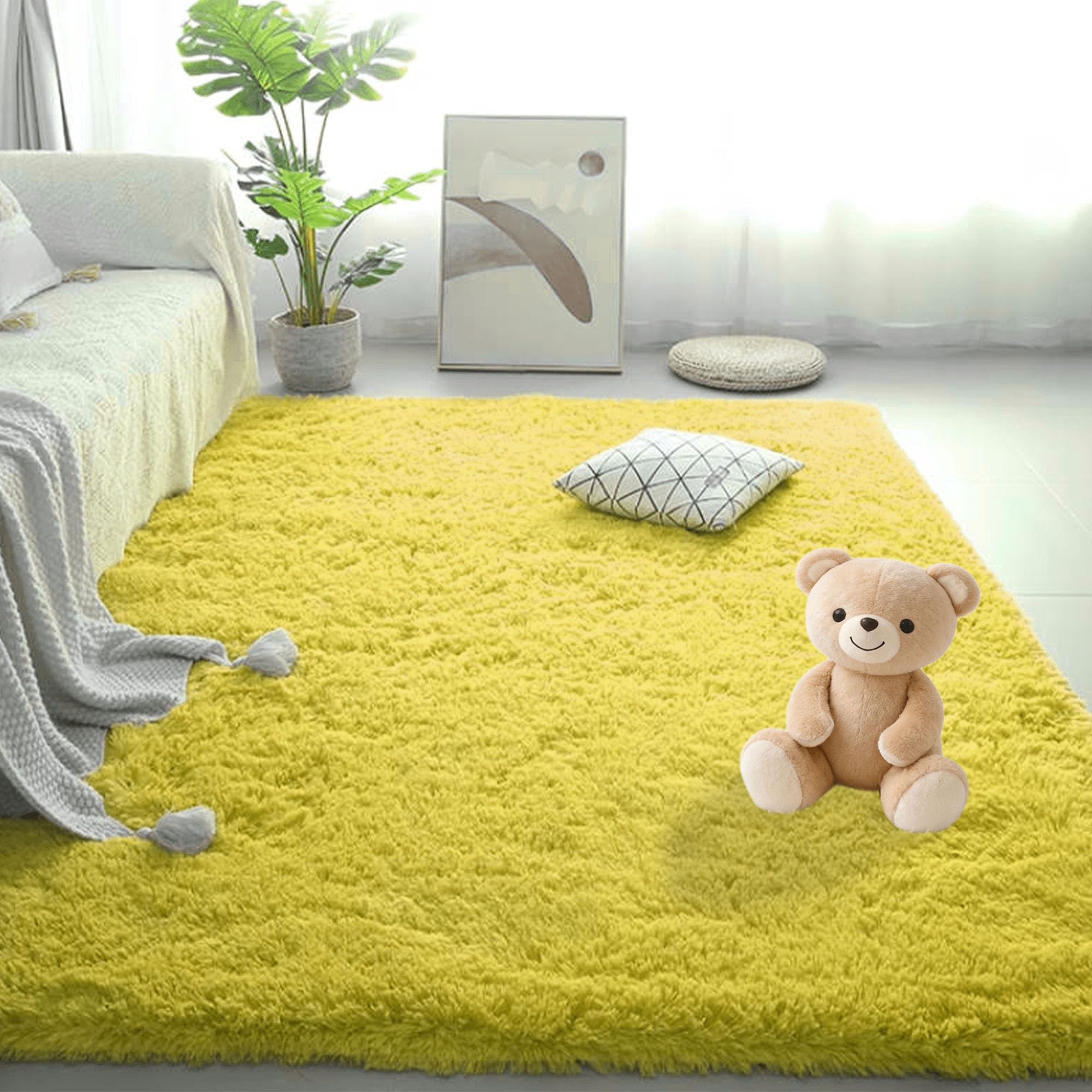 Tapis de salon 150x220 cm lavable et moderne en peluche jaune
