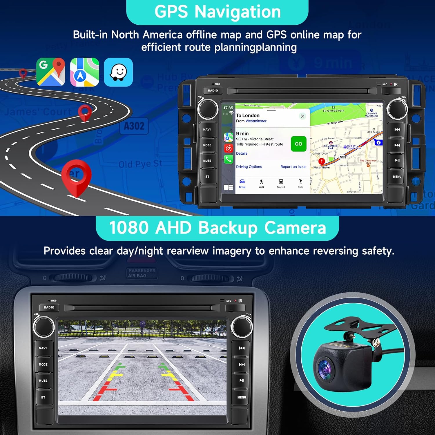 Car Radio for Chevy Silverado Tahoe GMC Sierra Yukon 2007-2013, Android 14 2+64G Double Din Car Stereo with Bluetooth, 7" HD Touchscreen with Apple CarPlay, Android Auto, Backup Camera, GPS, RDS