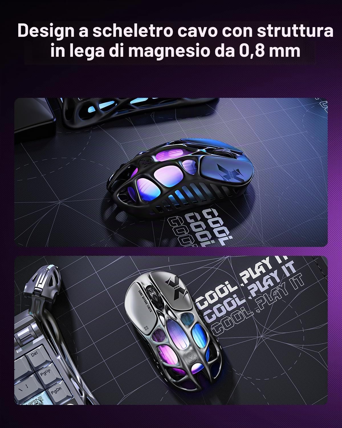 GravaStar Mouse da gioco wireless Mercury X Pro, dotato di dongle 8K, sensore PAW 3950 da 32.000 DPI, frequenza di polling di 8.000 Hz, solo 49 g, telaio cavo in lega di magnesio, illuminazione RGB, 5