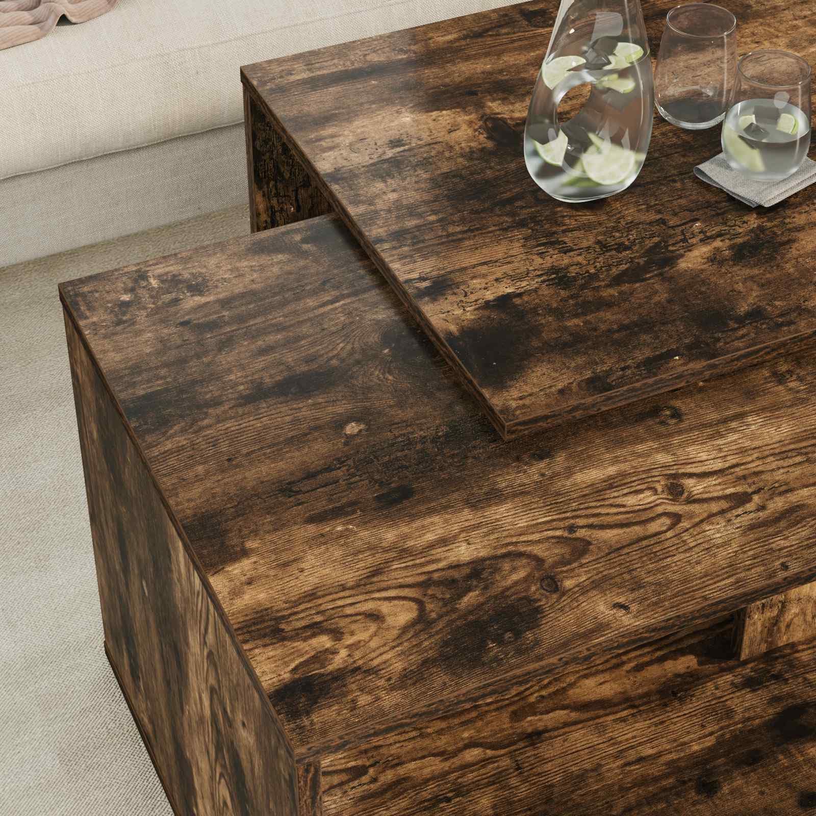 Set di 2 tavolini rettangolari in legno di rovere affumicato | Set di tavolini flessibili per il soggiorno con superficie facile da pulire e dal design minimalista.