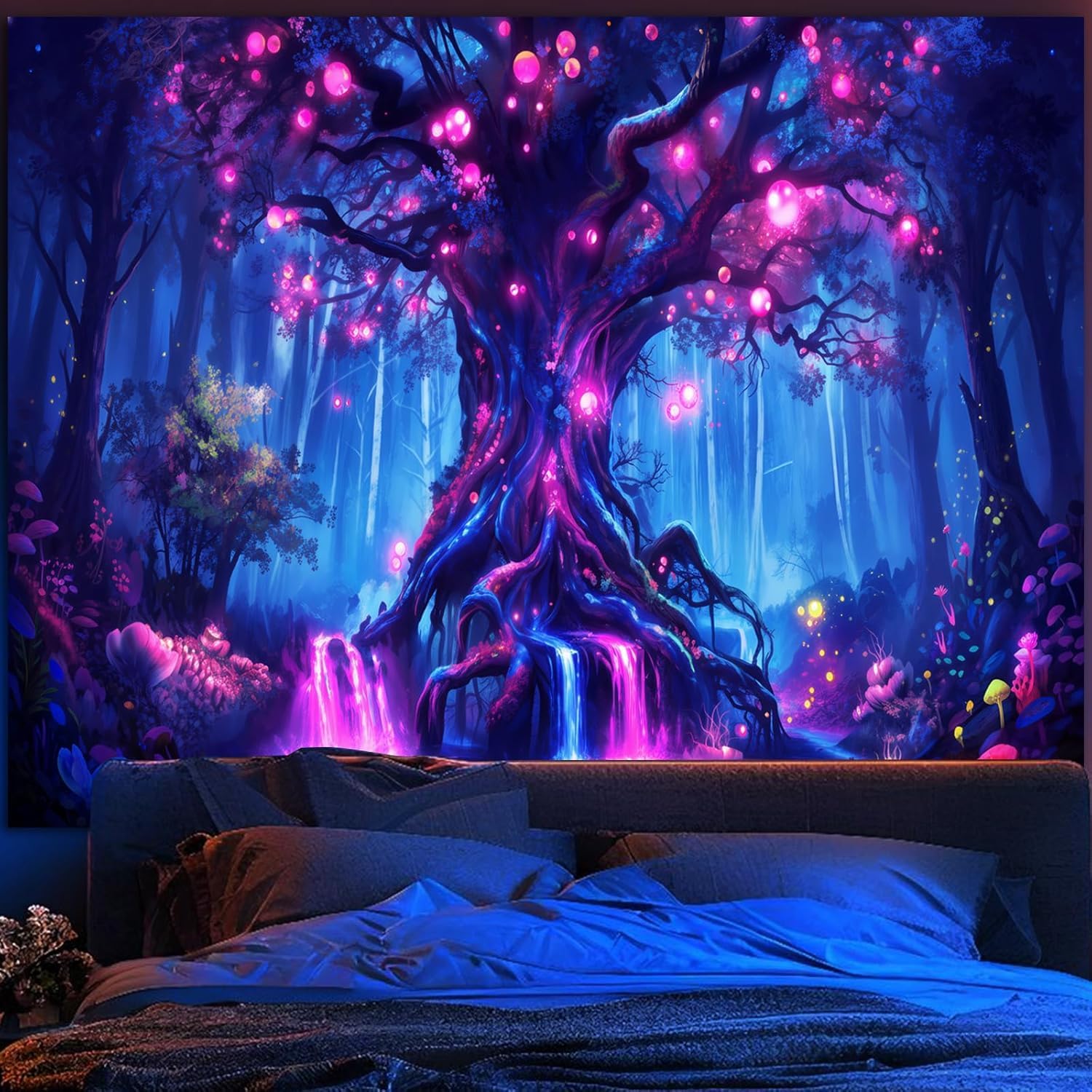 SparkLia Blacklight Fantasy Tree of Life Tapestry – UV Reactive Glowing Neon Forest Wall Hanging, Magical Fairy Waterfall Galaxy Nature Art Decor for Bedroom, Living Room - 70.9" x 90.6"