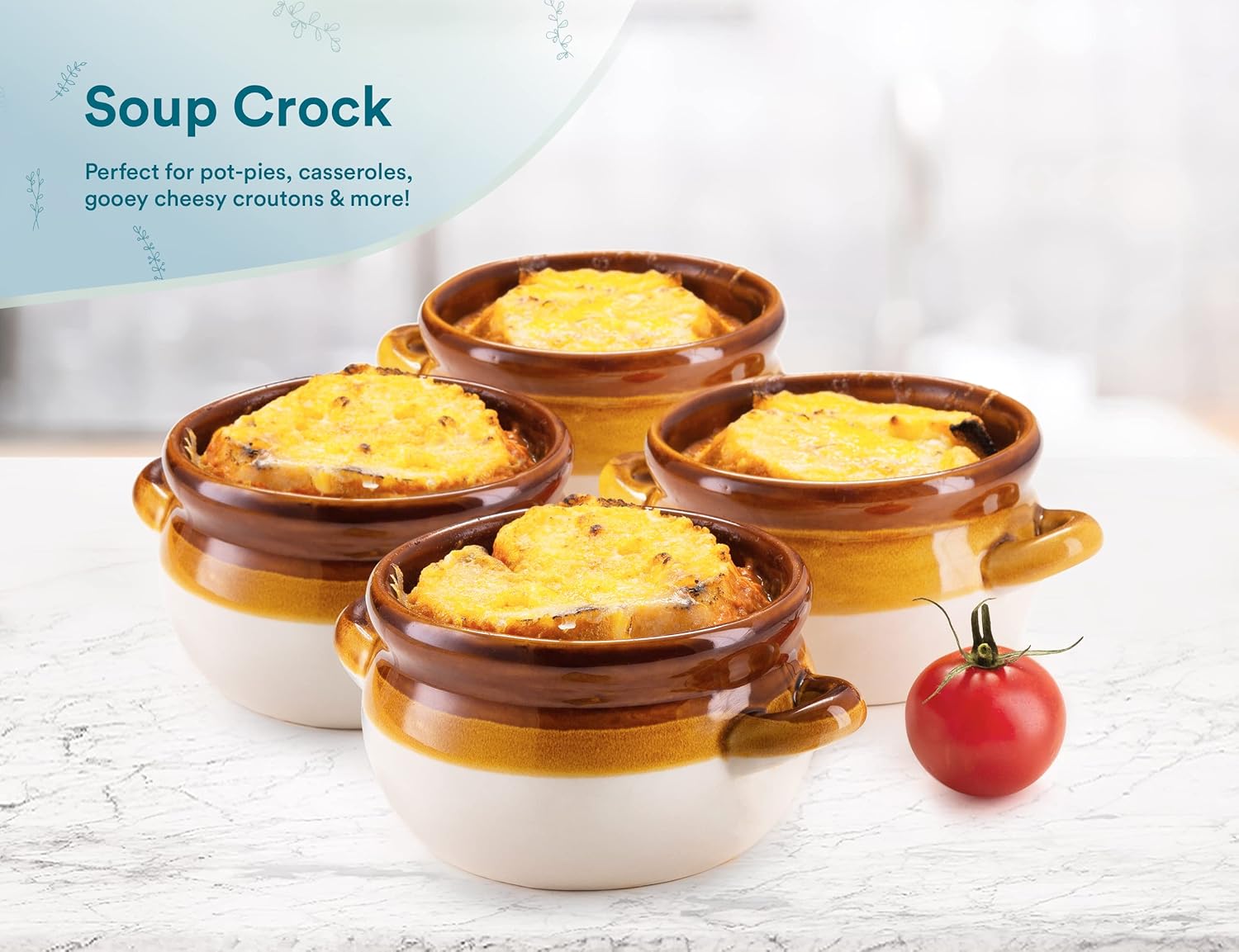  | KooK French Onion Soup Crocks, Ceramic Make, Large Handles, Stoneware, Dishwasher, Microwave, Oven & Broil Safe 16oz Standard Capacity & 18oz Full Capacity: Soup Bowls