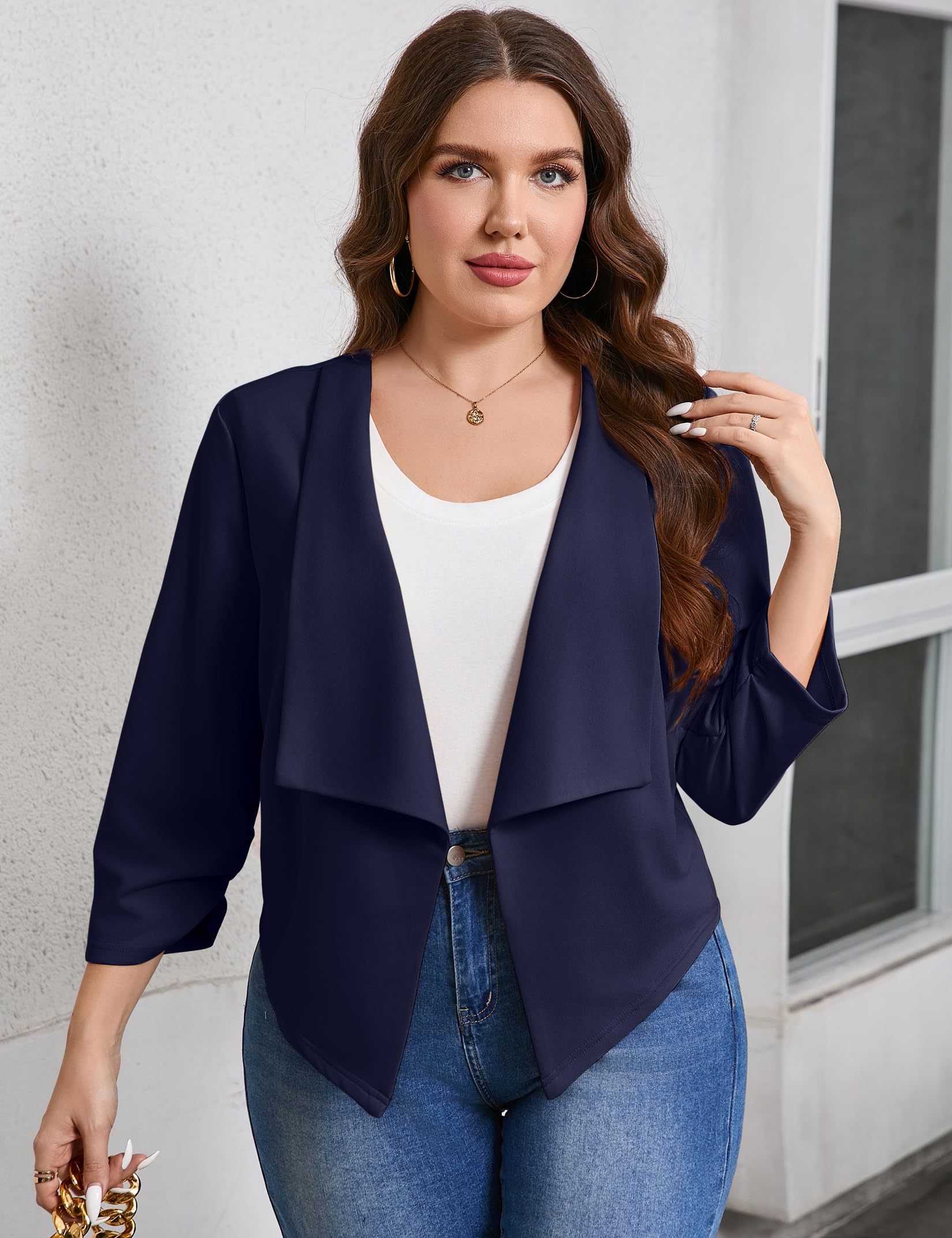Grande Casual Blazer Open Front 3/4 Gathered Sleeve Work Office Business Size Elegante Cardigan Jackets