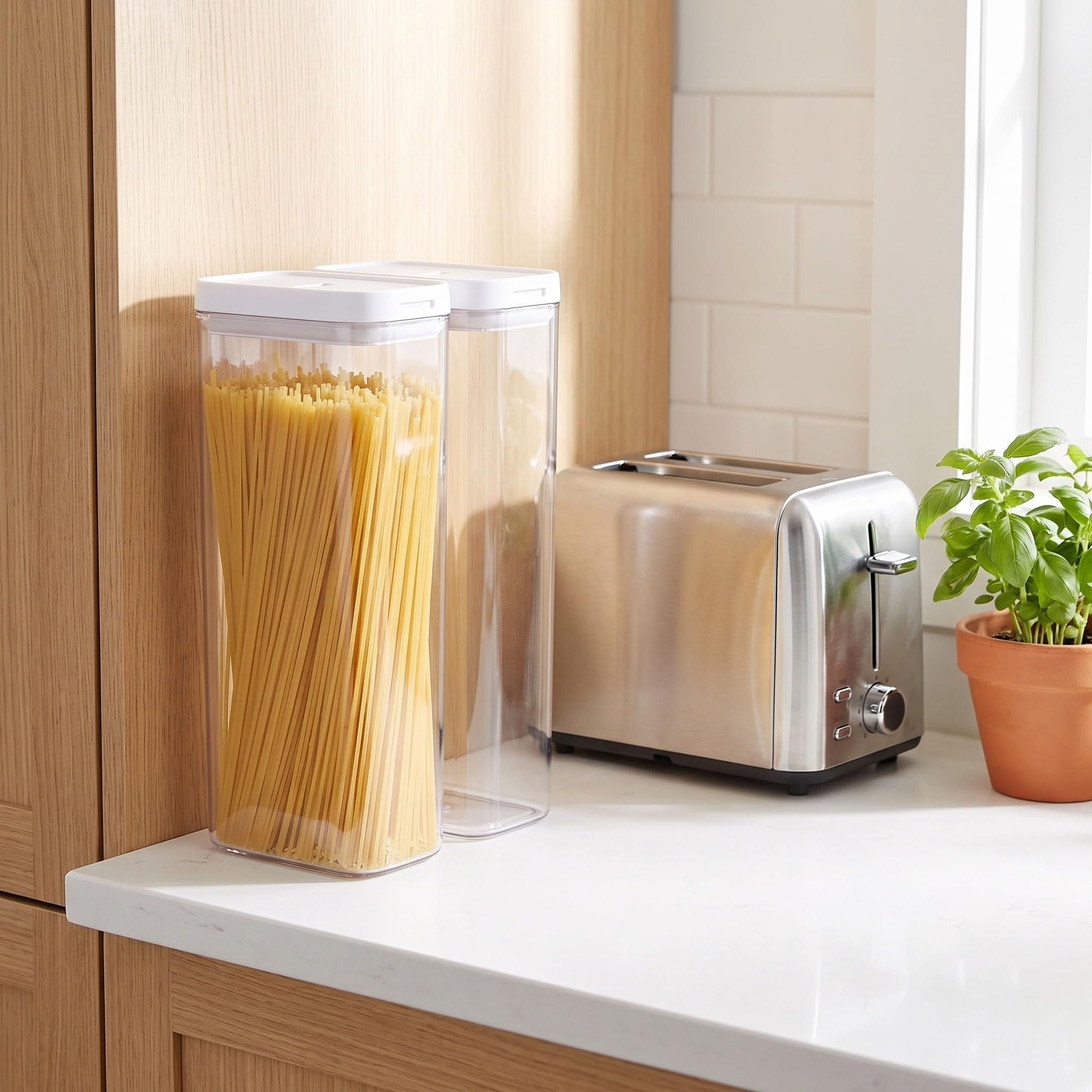 Lurrose 2 contenitori ermetici per pasta con coperchio, contenitore alto per spaghetti, barattoli trasparenti per conservare spaghetti, linguine, noodles e alimenti secchi