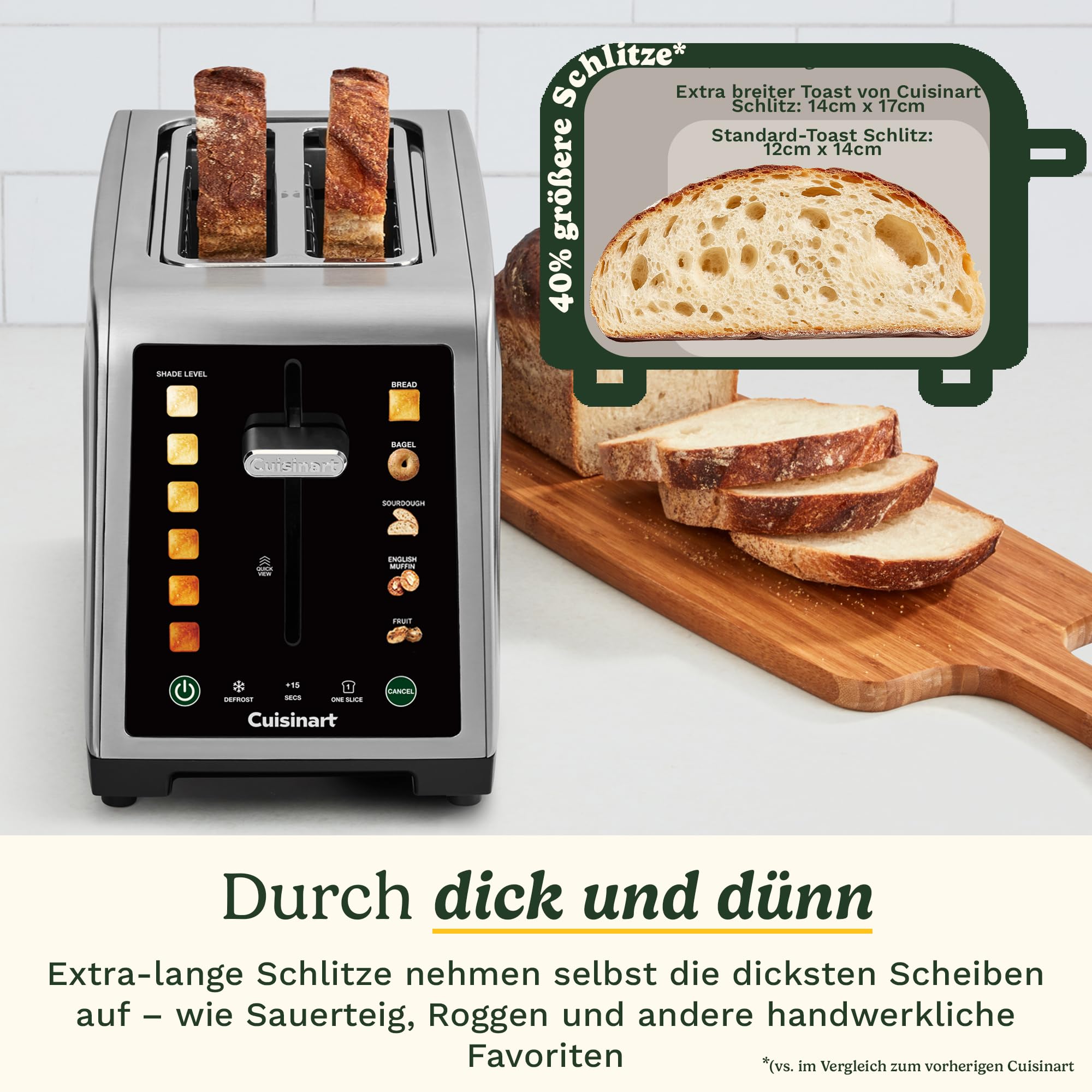 Cuisinart SimpliTouch XL Farb-Touchscreen 2-Scheiben-Toaster | Extra-große Schlitze | Farb-Touchscreen-Display | High-Lift QuickView™ | Brot-, Bagel-, Sauerteig-, Muffin- & Früchtebrot-