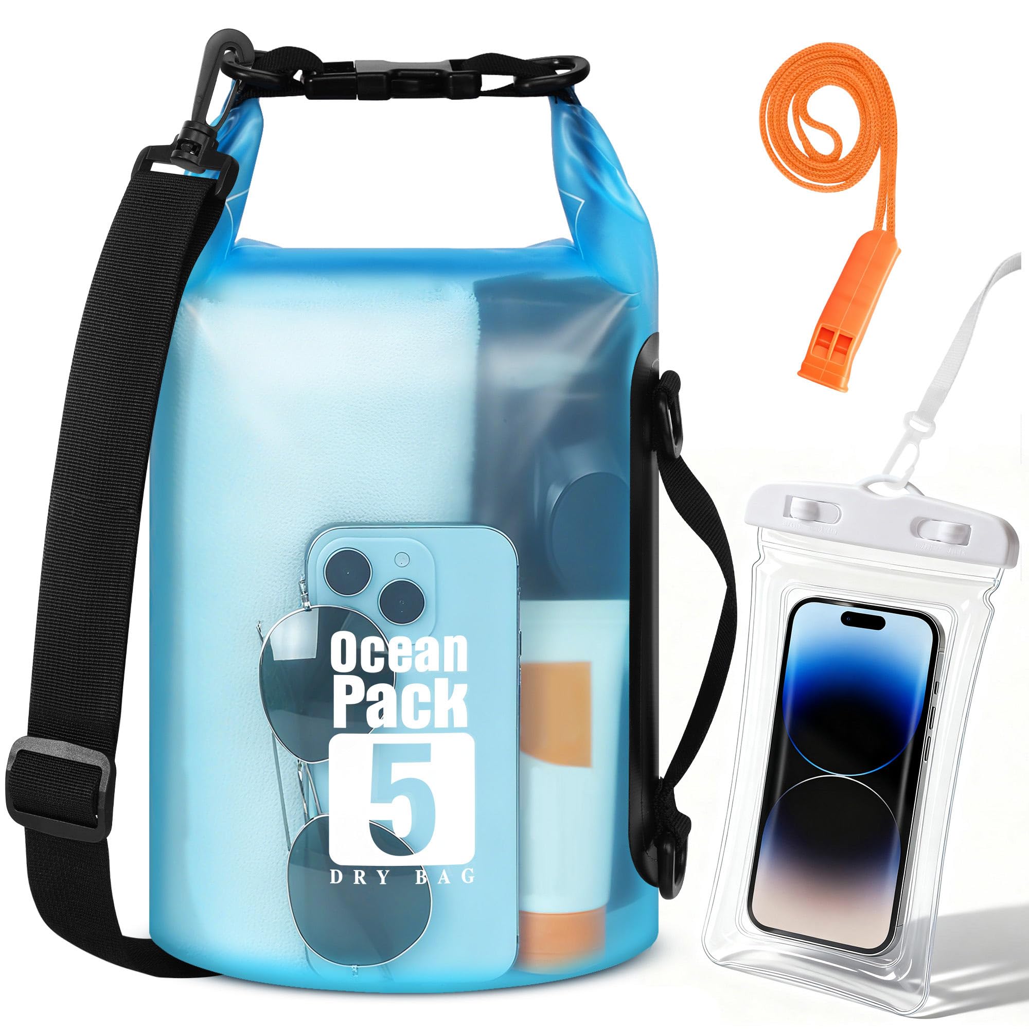 TILYMOL Waterproof Dry Bag for Kayaking, paddle boarding - Small, 5L | Dry Bag with Waterproof Phone Case and Whistle, for Kayaking Swimming Boating
