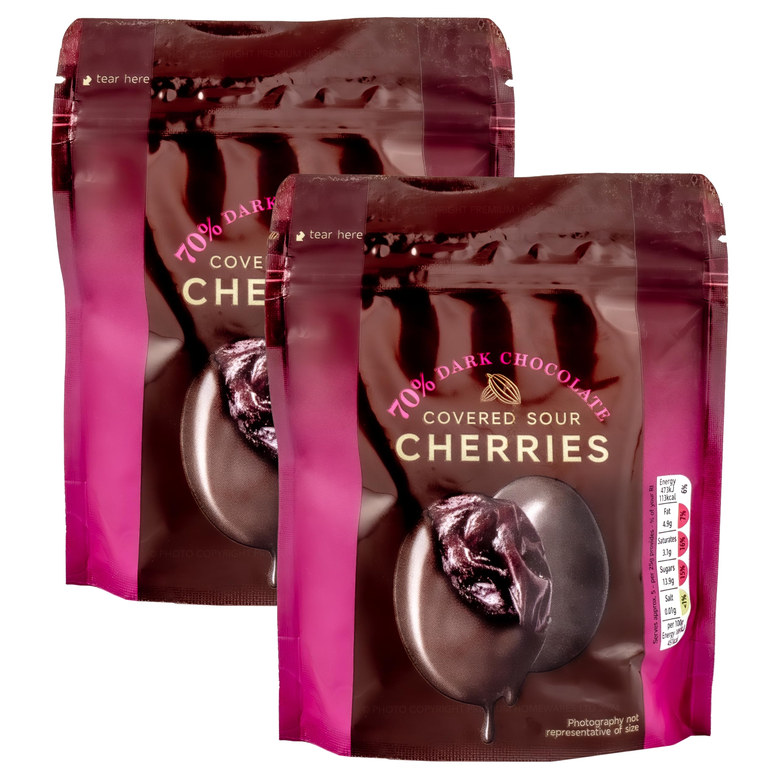 Premium 70% Dark Chocolate Covered Sour Cherries, Luxuriously Coated Infused Cherries, 260g (2 x 130g)