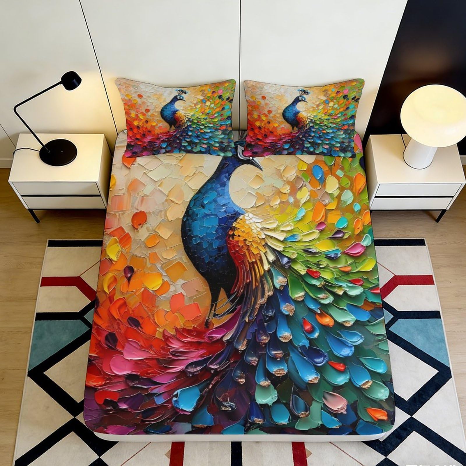 3D Printed Colorful Peacock Fitted Sheet Microfiber Soft Breathable 3D Feather Bed Cover Mattress Cover for Bedroom Dormitory Guest Room Decor 140x200x25cm
