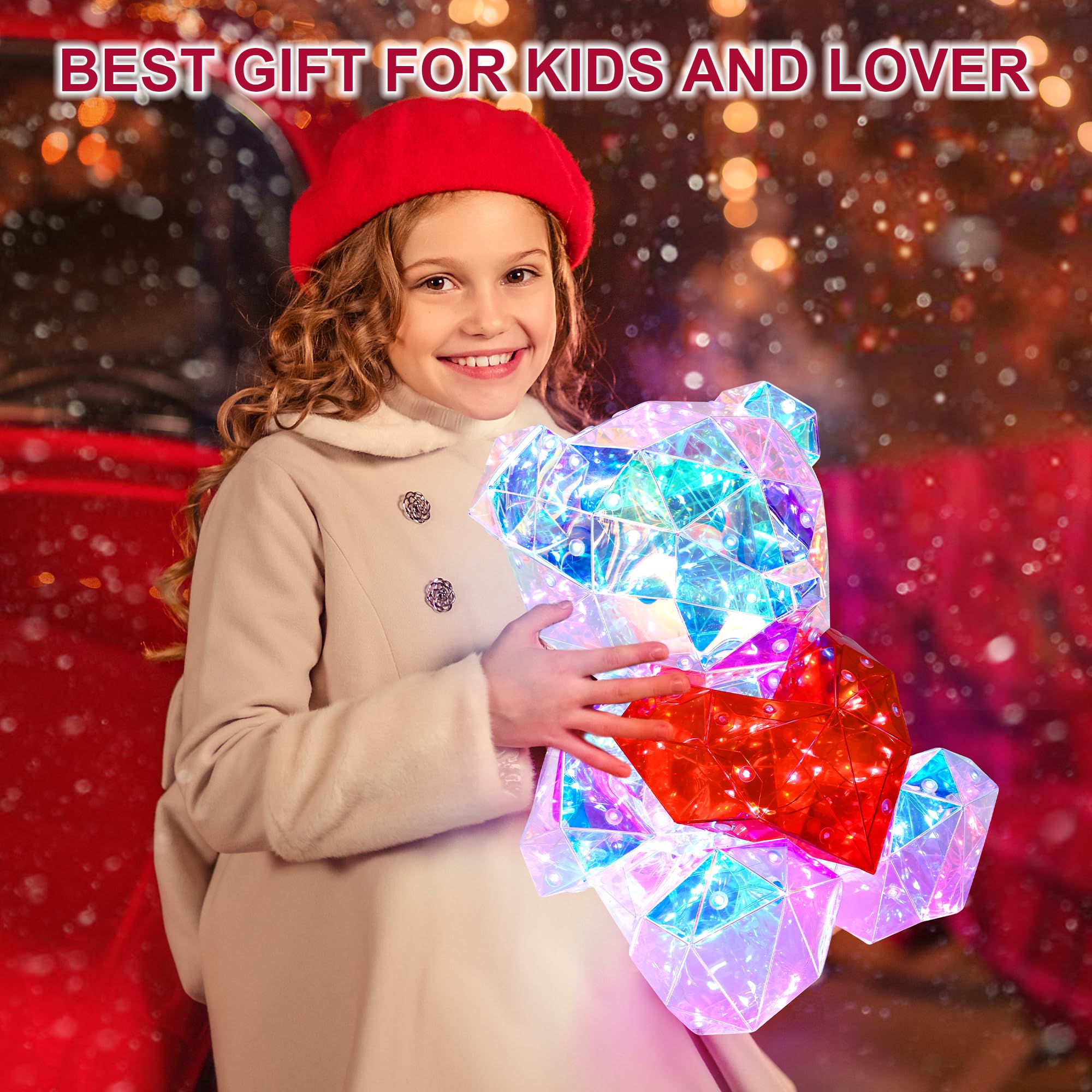 LED Teddy Bear Night Light, Desktop Teddy Bear with Red Heart, Colorful Glowwing Lights for Indoor Decorations Teddy Night Light for Girls' Birthday Mothers' Day Anniversary (Love Bear)