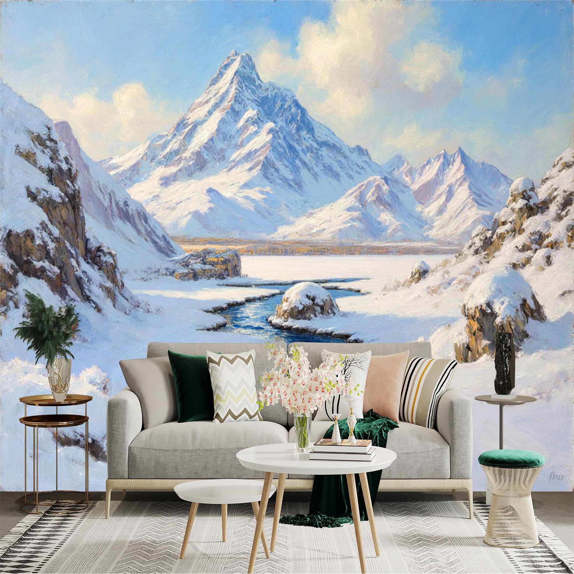 Lnzczhyre Xc260505798 Custom Size Wall Sticker Mural， Snowy Mountain Peak， Frozen Creek In Winter， Oil Painting Style Landscape， For Wall Decoration， Peelandstick Wall Decals.