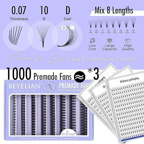 Miniatura 8 de BEYELIAN - Extensiones de pestañas prefabricadas con 1000 abanicos de 0.003 in, 10D, curvatura D, extensiones de pestañas hechas a mano, abanicos