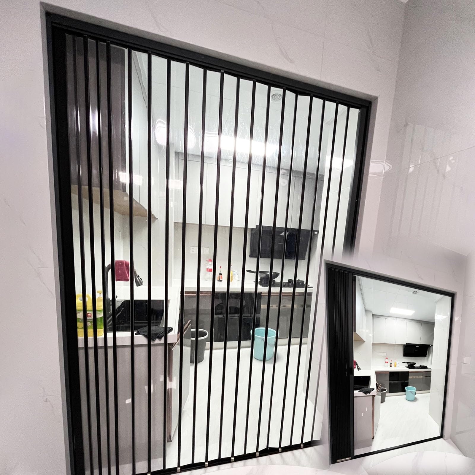 Innovz Accordion Folding Door with Transparent Panels, Black Aluminum Interior Partition Door, Space Saving Retractable Door for Closet, Kitchen, Balcony(54x80in(137.2x203cm))