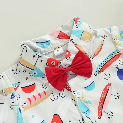 Miniatura 4 de Emmababy Mameluco con estampado de peces para bebé niño manga corta solapa con botones overol con corbatín para niño pequeño