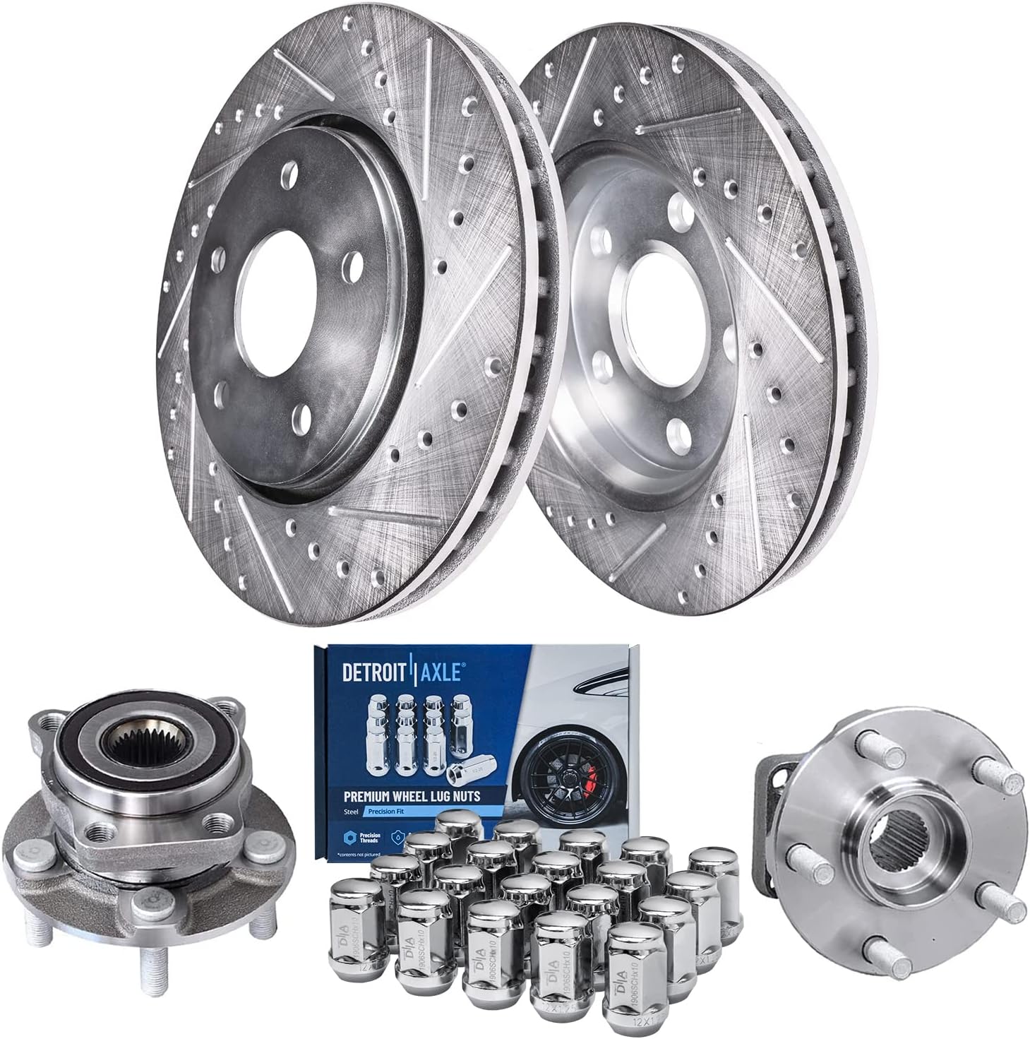 Detroit Axle - Front Drilled Rotors Wheel Hubs + 20pc Wheel Lug Nuts Replacement for Subaru Impreza Forester XV Crosstrek - 24pc Set