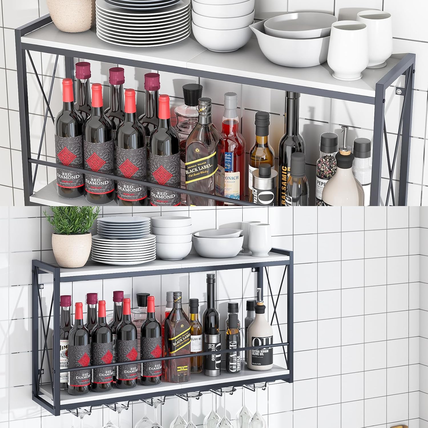 Dokser Wine Rack Wall Mounted Shelf - 2 Tier, Rustic Wood & Industrial Iron Frame Wine Bottle Holder for Kitchen, Dining Room, Home Bar Decor (White)